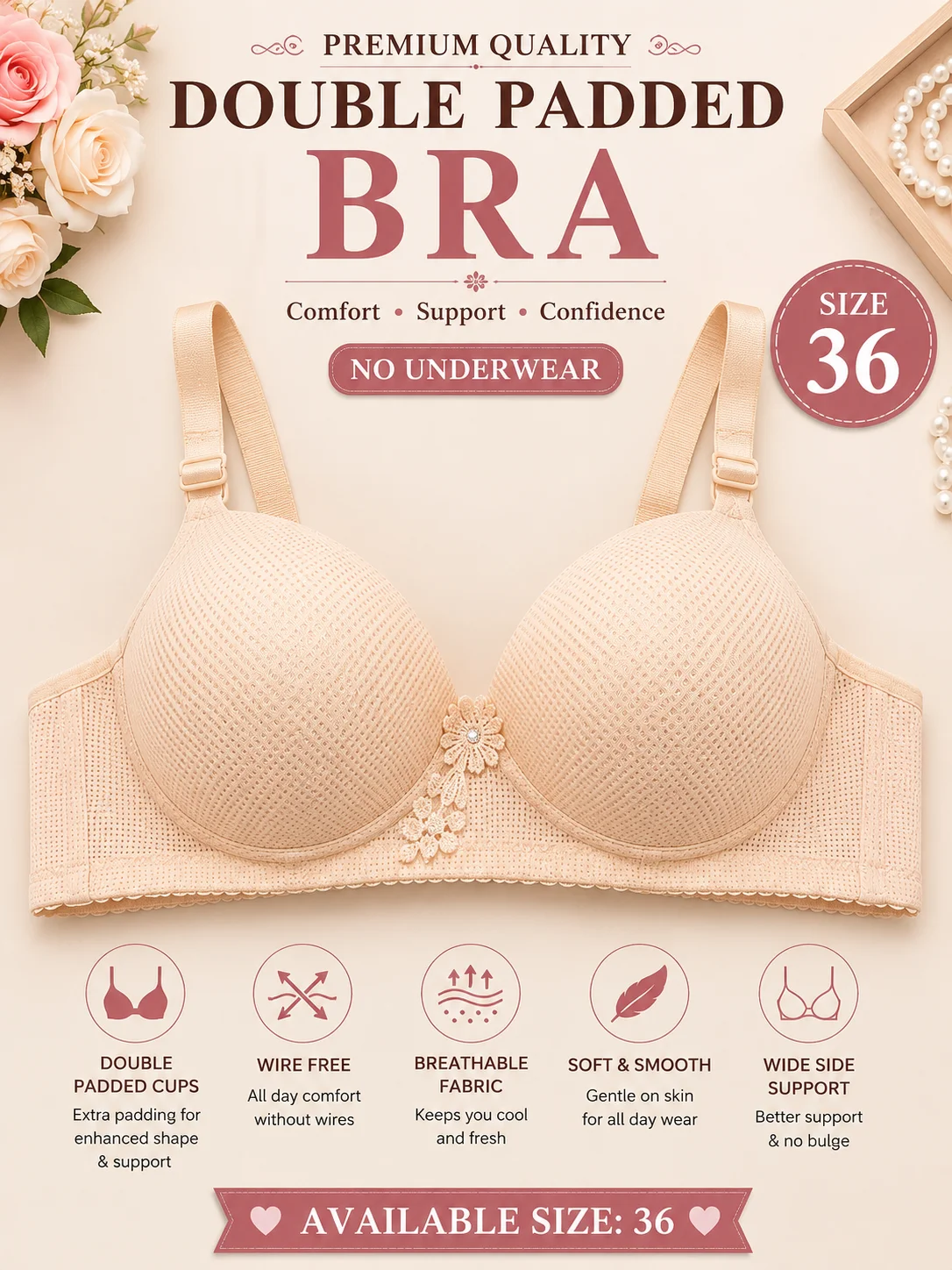 Women's Premium Double Padded Wire-Free Comfort Bra | Soft Breathable Everyday Bra