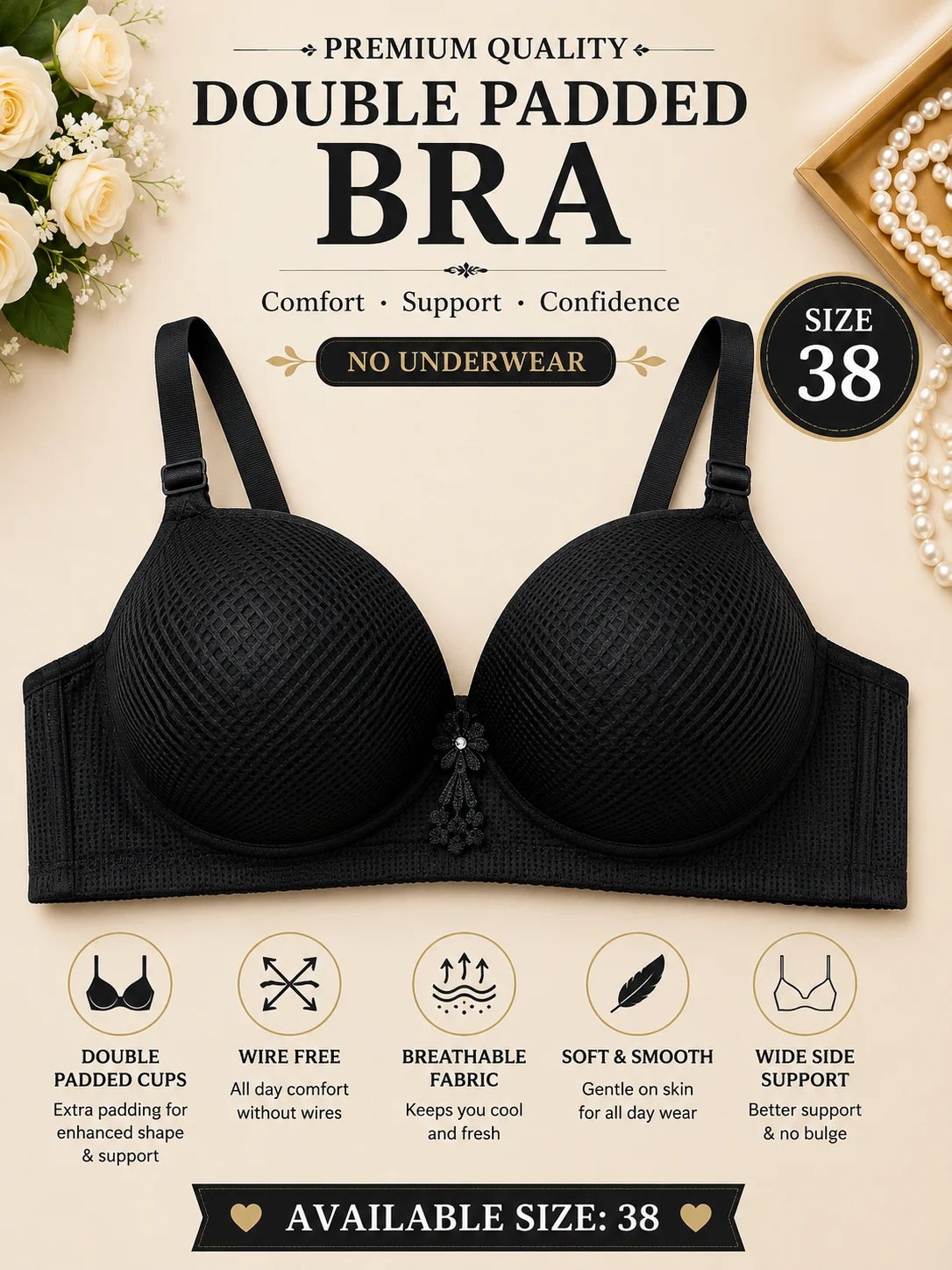 Women's Premium Double Padded Wire-Free Comfort Bra | Soft Breathable Everyday Bra
