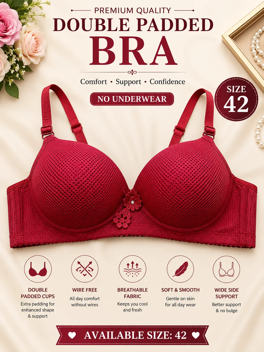 Women's Premium Double Padded Wire-Free Comfort Bra | Soft Breathable Everyday Bra