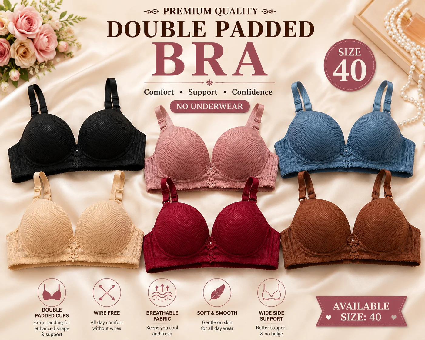 Women's Premium Double Padded Wire-Free Comfort Bra | Soft Breathable Everyday Bra