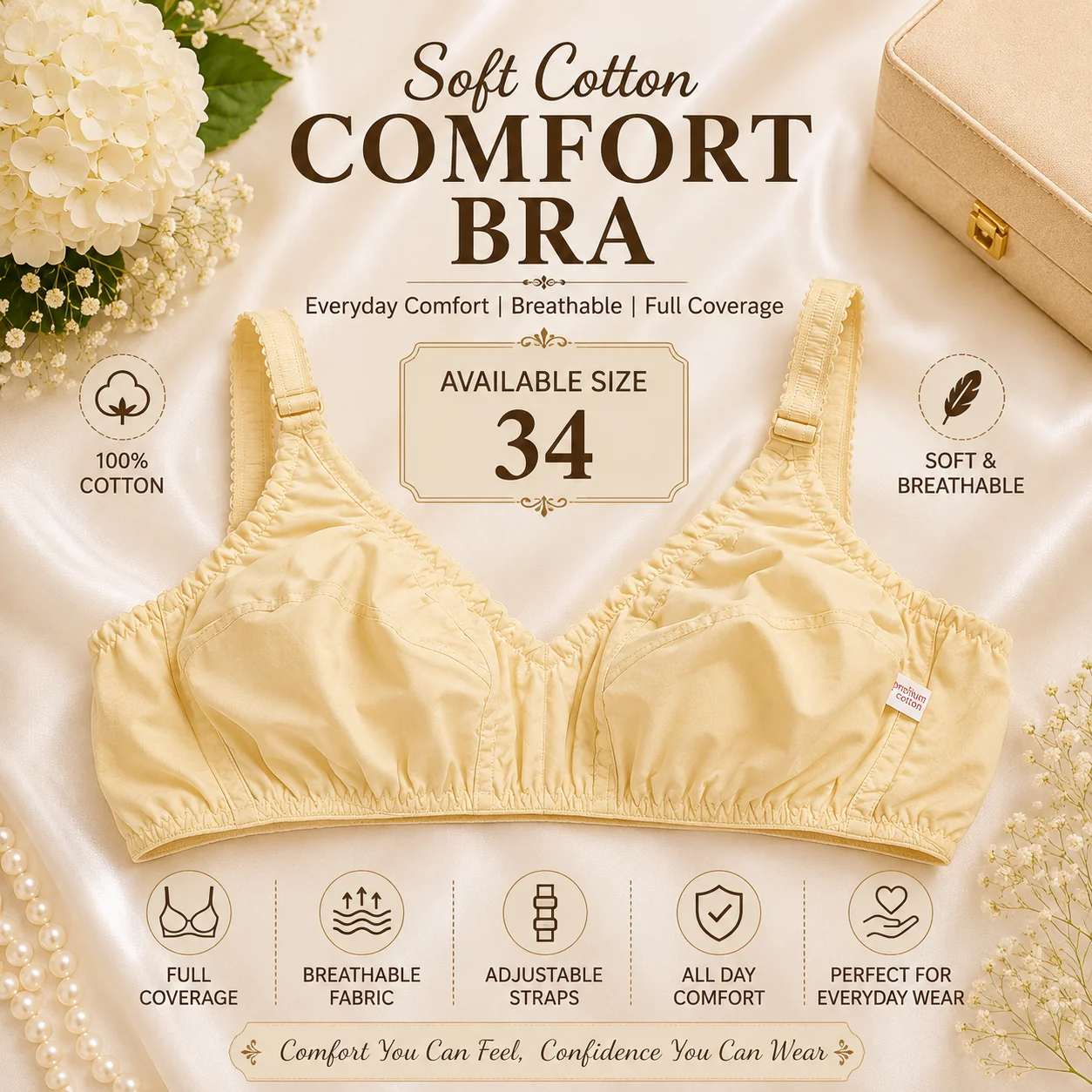 Premium Soft Cotton Comfort Bra – Full Coverage | Size 34