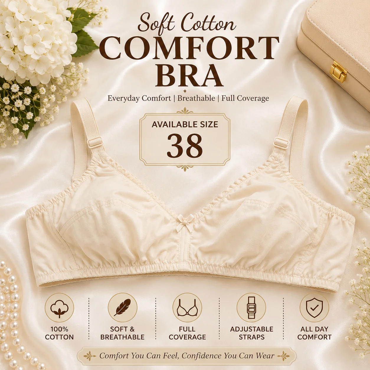 Premium Soft Cotton Comfort Bra – Full Coverage | Size 38