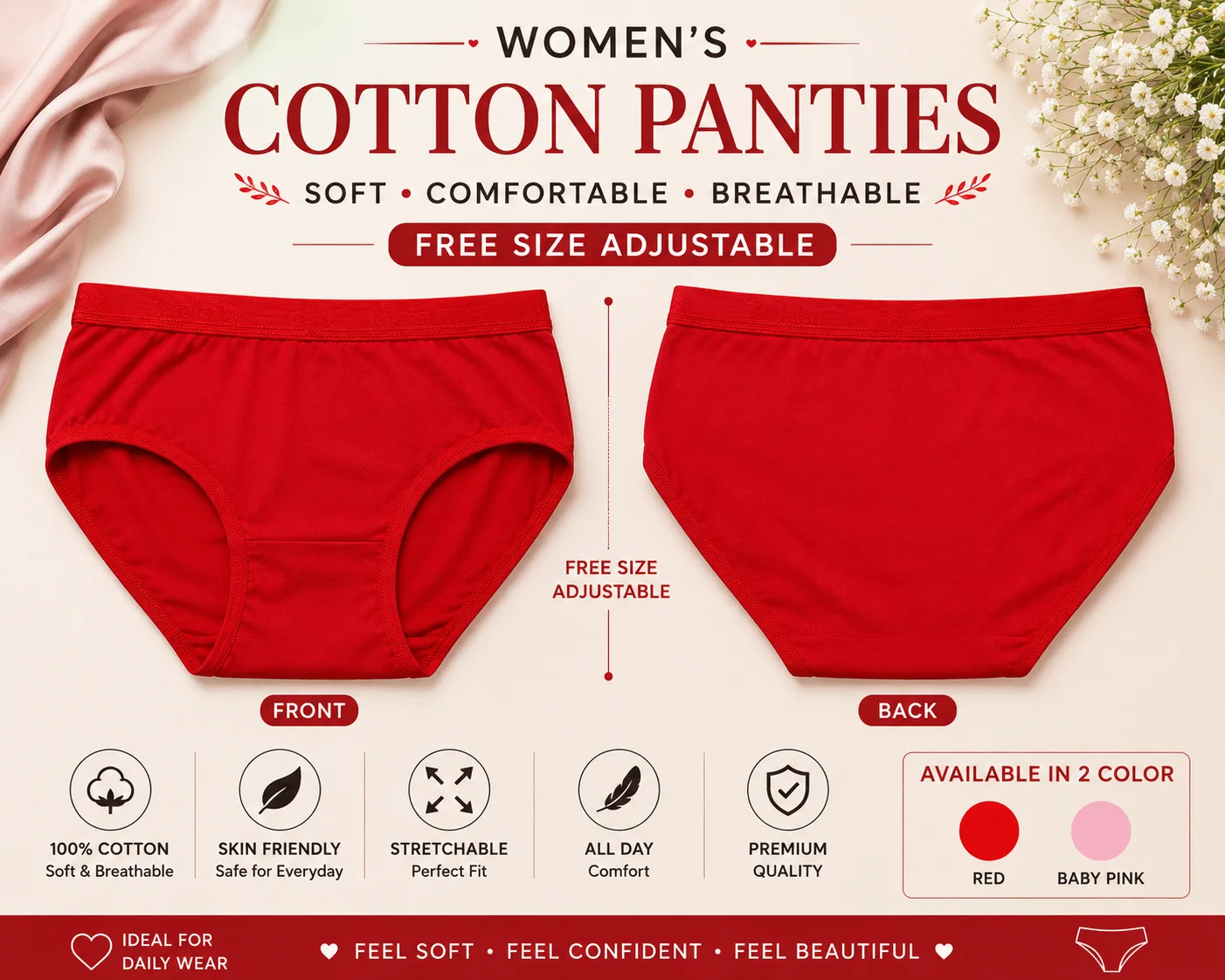 Women's Soft Cotton Panties – Red | Free Size Adjustable
