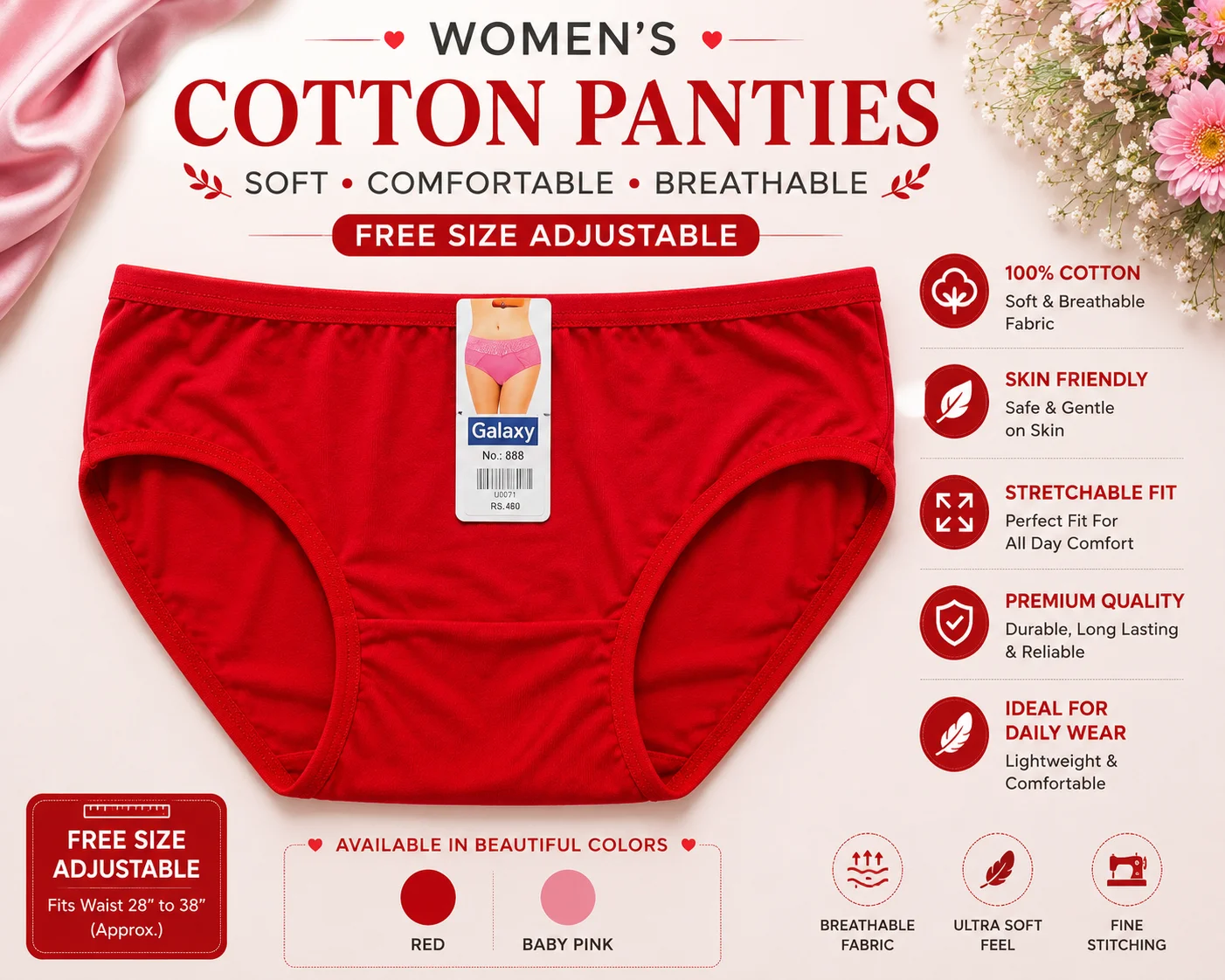 Women's Soft Cotton Panties – Free Size Adjustable