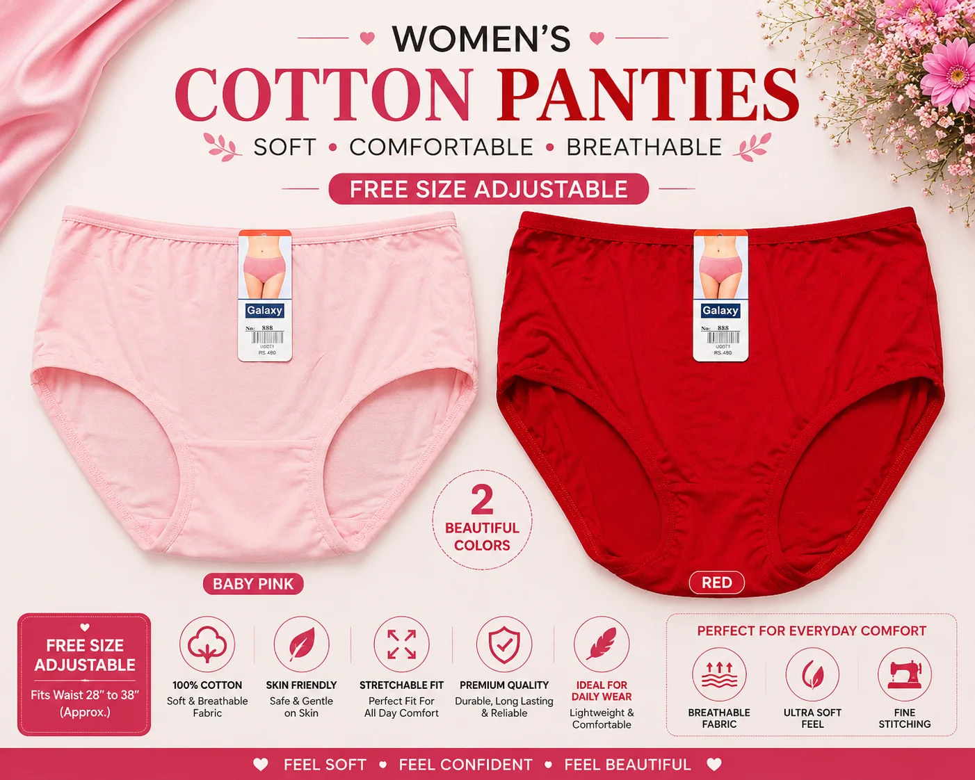 Women's Soft Cotton Panties – Free Size Adjustable