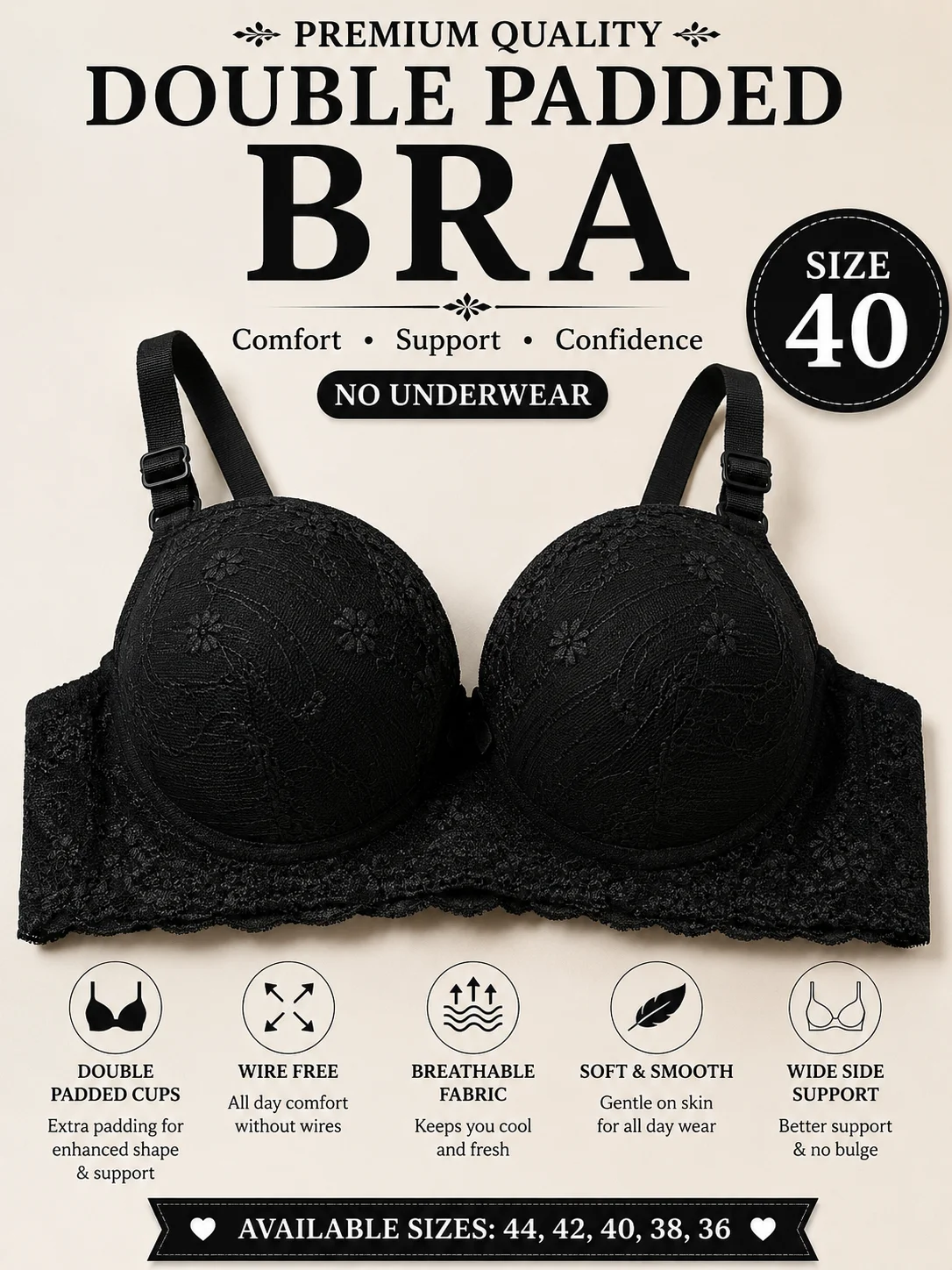 Premium Double Padded Wire-Free Bra – Soft & Comfortable Everyday Wear | Available Sizes 40 & 44