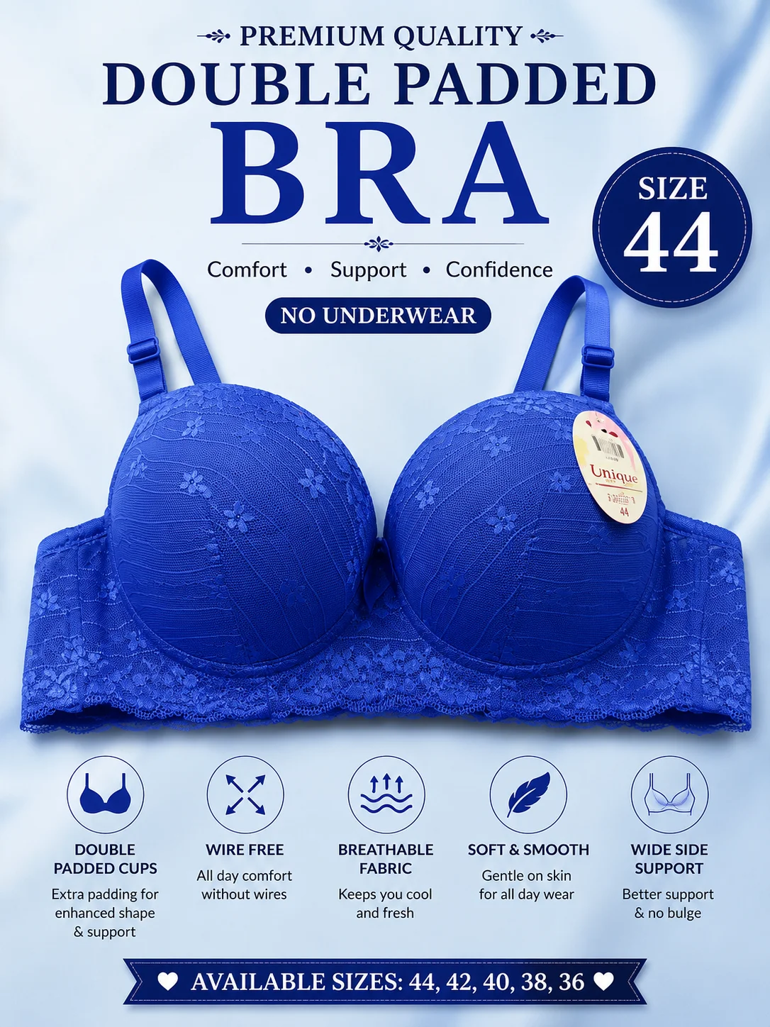 Premium Double Padded Wire-Free Bra – Soft & Comfortable Everyday Wear | Available Sizes 40 & 44