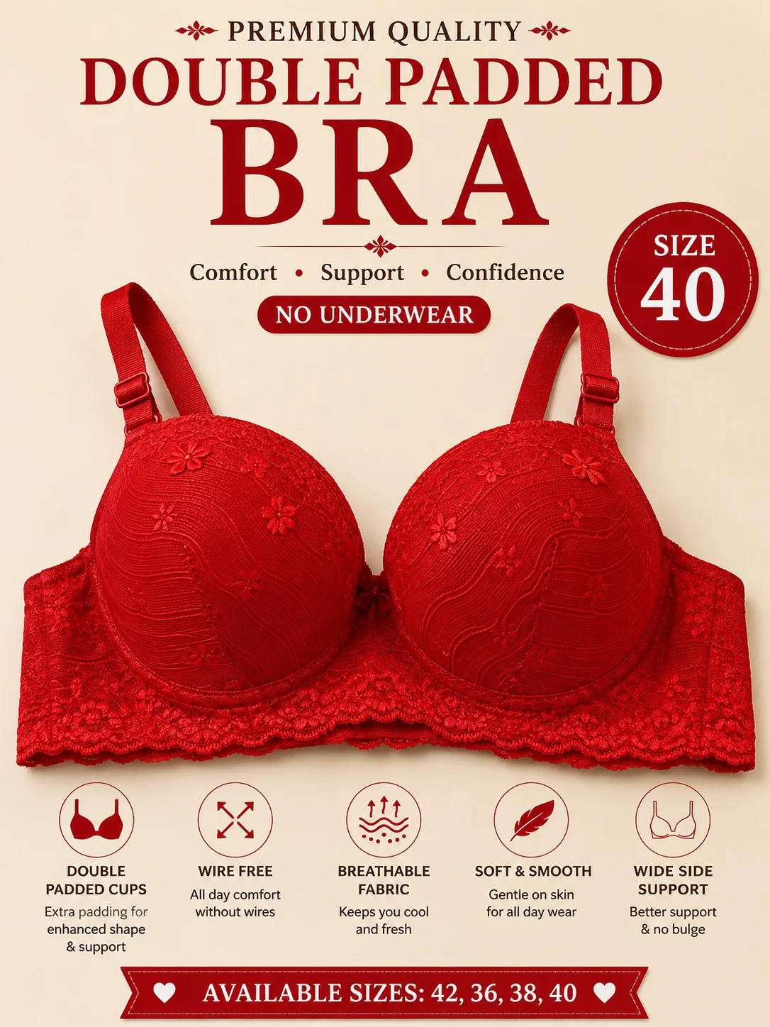 Premium Double Padded Wire-Free Bra – Soft & Comfortable Everyday Wear | Available Sizes 40 & 44