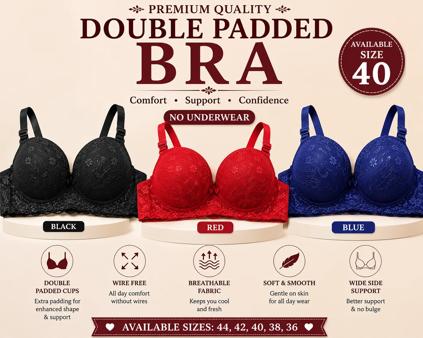 Premium Double Padded Wire-Free Bra – Soft & Comfortable Everyday Wear | Available Sizes 40 & 44