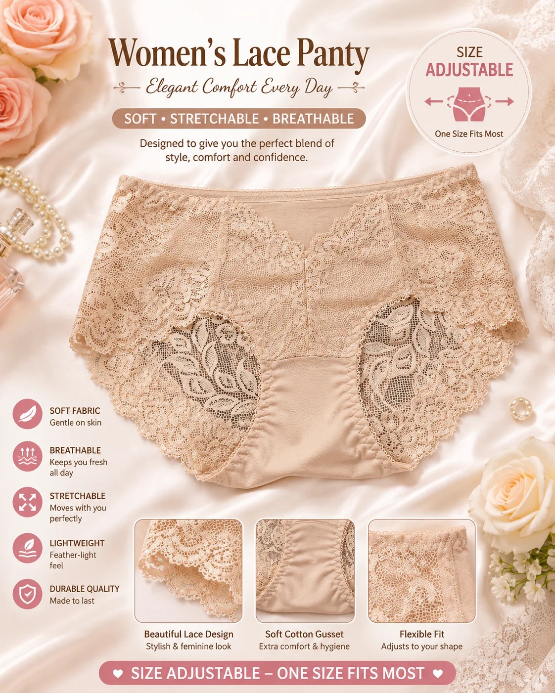 Women's Premium Lace Panties – 3 Colors | Adjustable Size