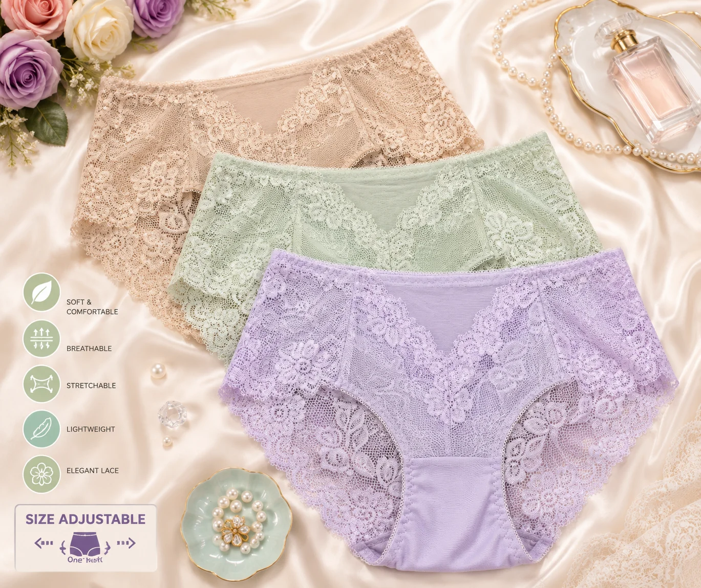 Women's Premium Lace Panties – 3 Colors | Adjustable Size