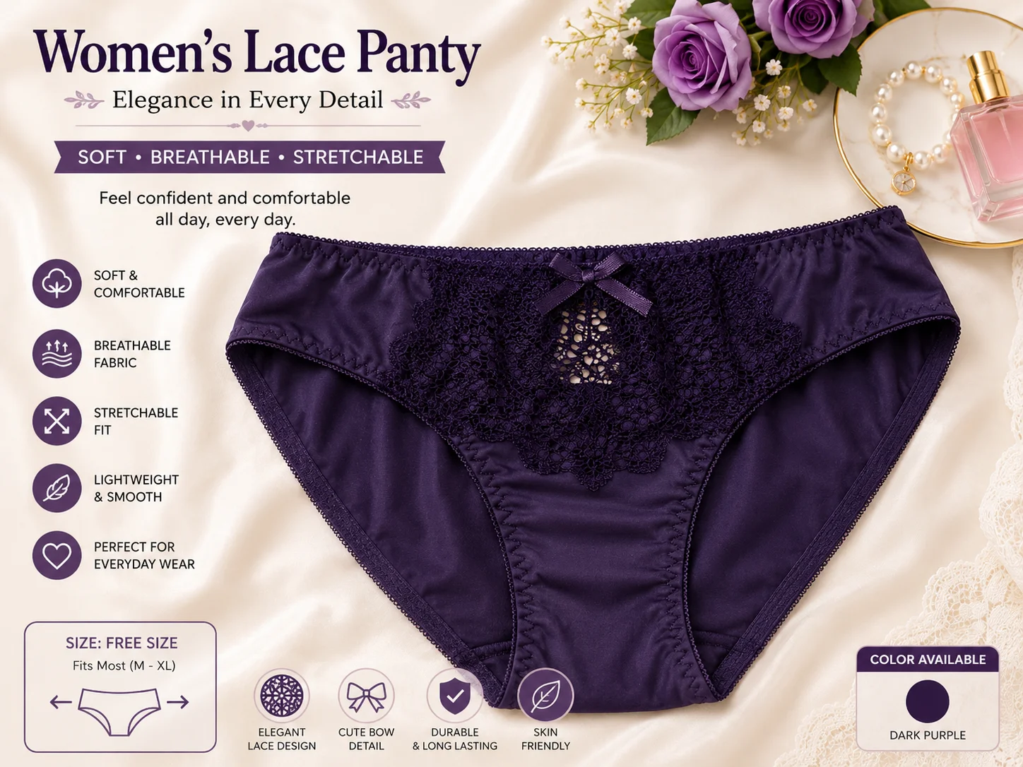 Dark Purple Lace Panty – Soft & Comfortable Women's Brief | Free Size