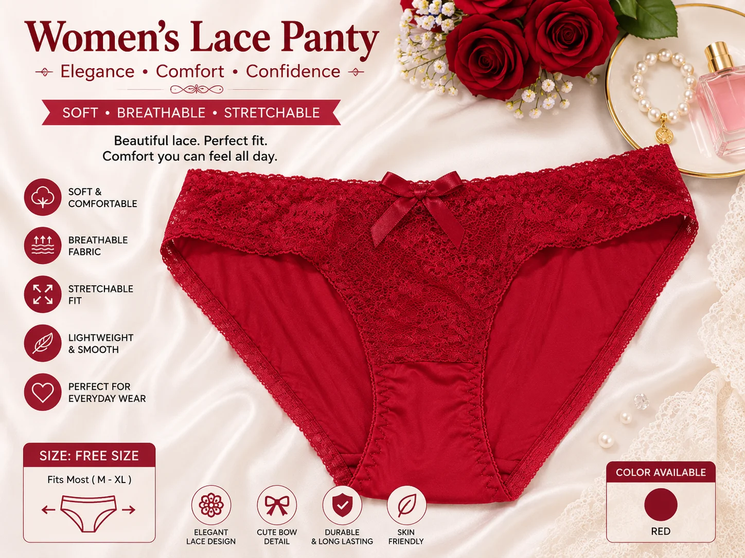 Red Lace Panty for Women – Soft, Breathable & Comfortable | Free Size