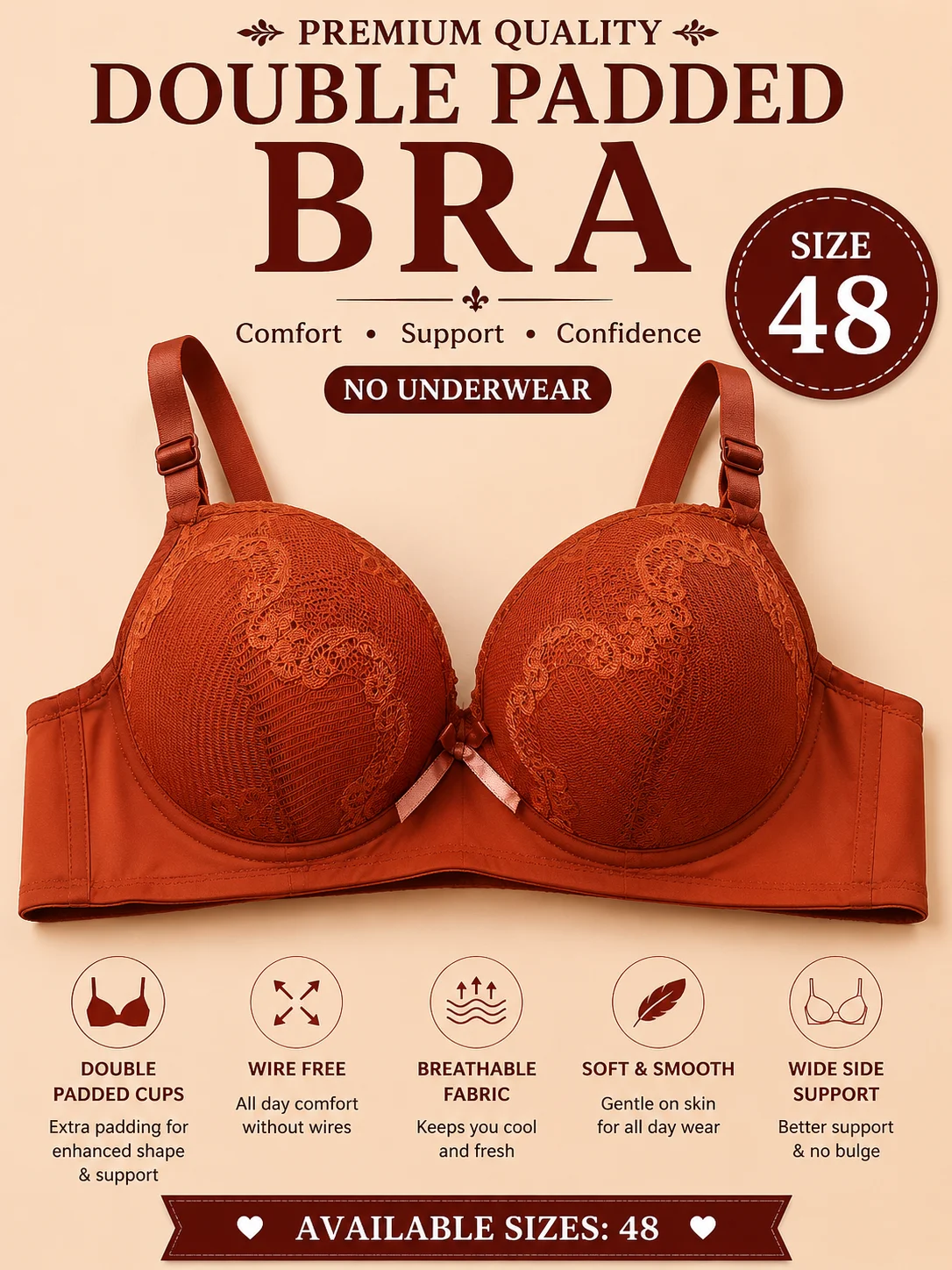 Premium Double Padded Lace Bra – Soft Wire-Free Everyday Comfort | Size 48
