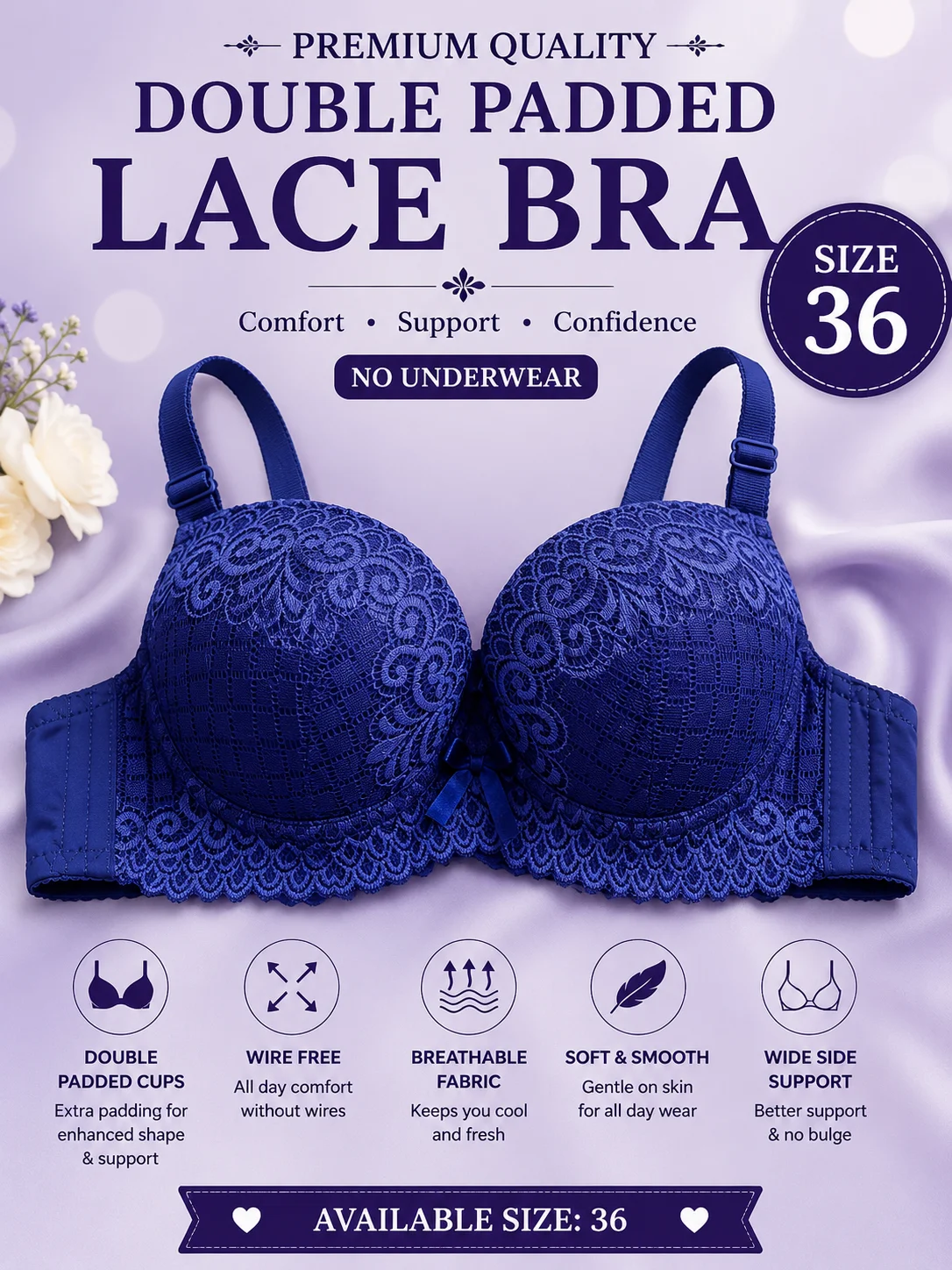 Women's Premium Lace Padded Bra – Soft Support | Size 36