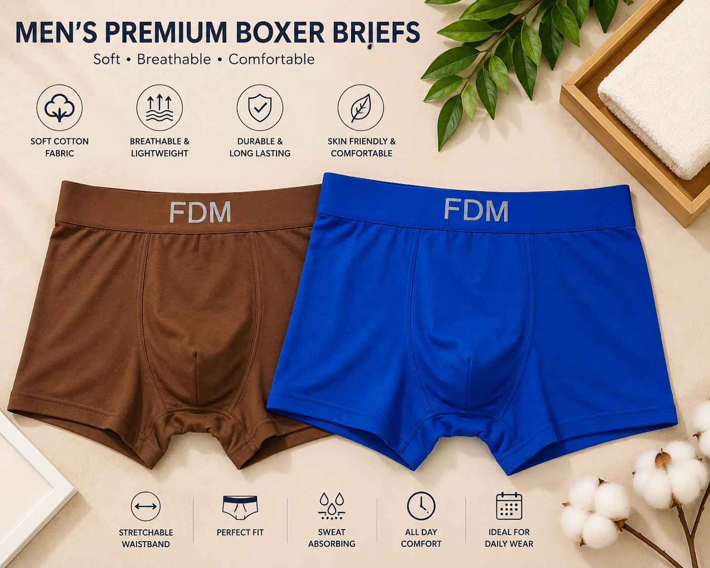 Men's Premium Cotton Boxer Briefs – Soft & Comfortable Trunk Underwear (2 Colors)