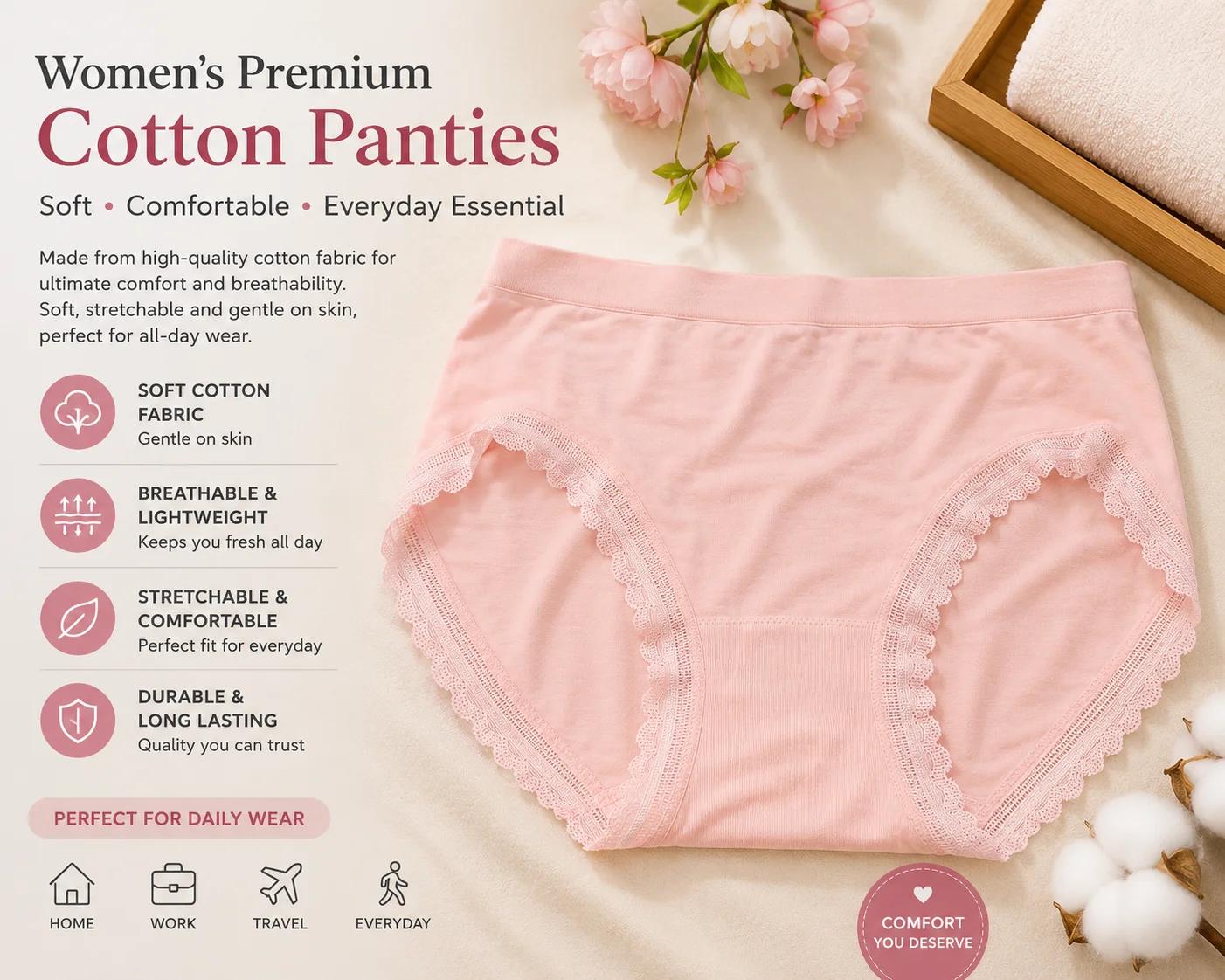 Women's Premium Cotton Lace Panty – Soft, Breathable & Comfortable