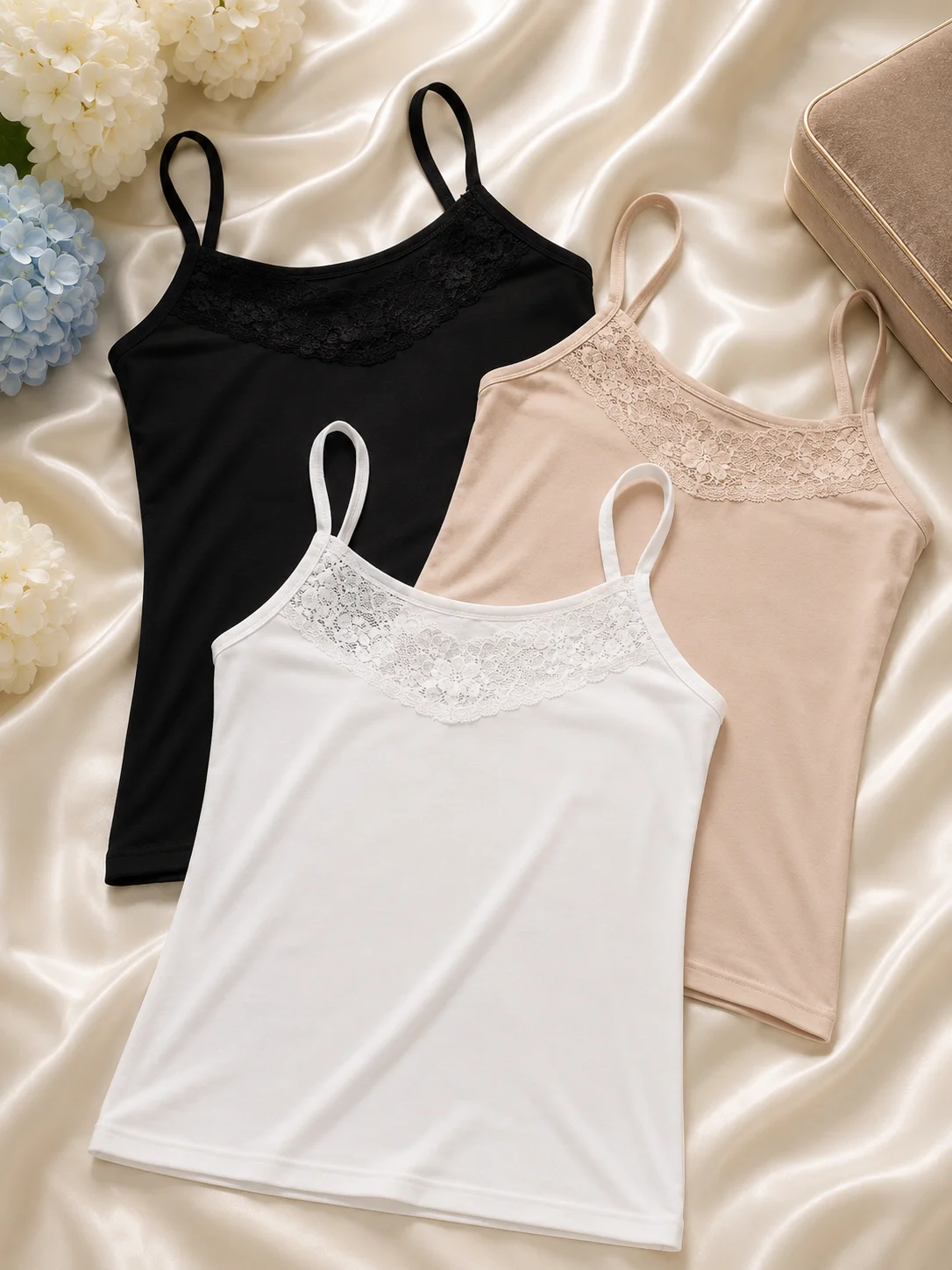 Women's Lace Cotton Camisole Slip Top – Soft Stretch Spaghetti Strap Innerwear | Pack of 3 Colors