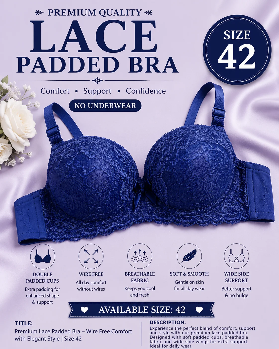 Lace Padded Bra for Women – Elegant Comfort | Size 42