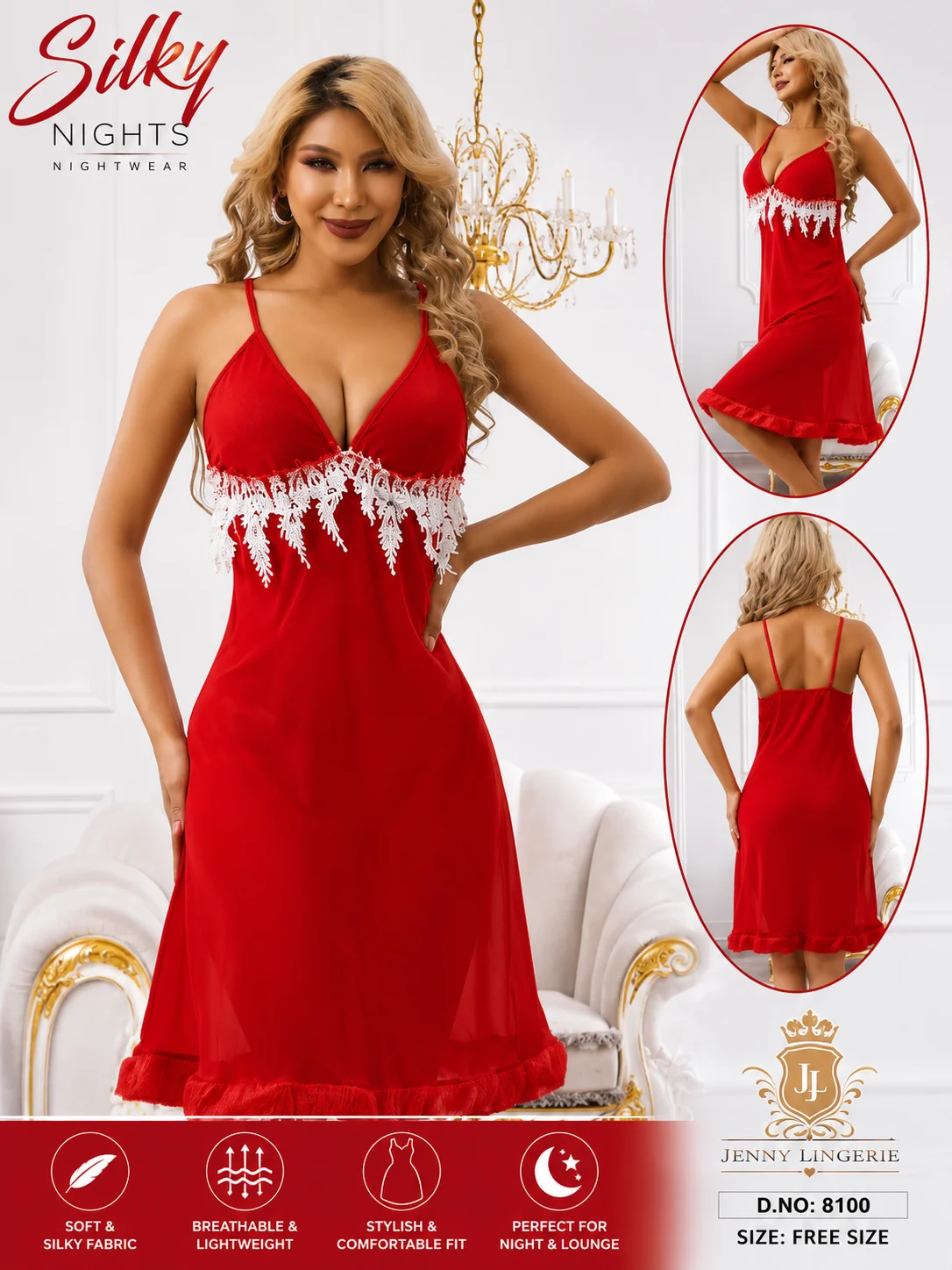 Red Lace Trim Women's Nighty | Single Piece | Free Size | Soft & Comfortable Sleepwear
