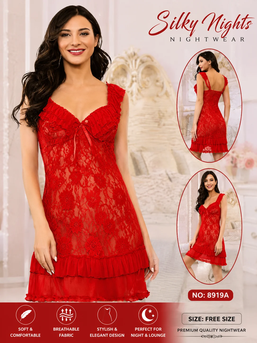 Red Floral Lace Women's Nighty | Single Piece | Free Size | Soft & Comfortable Sleepwear