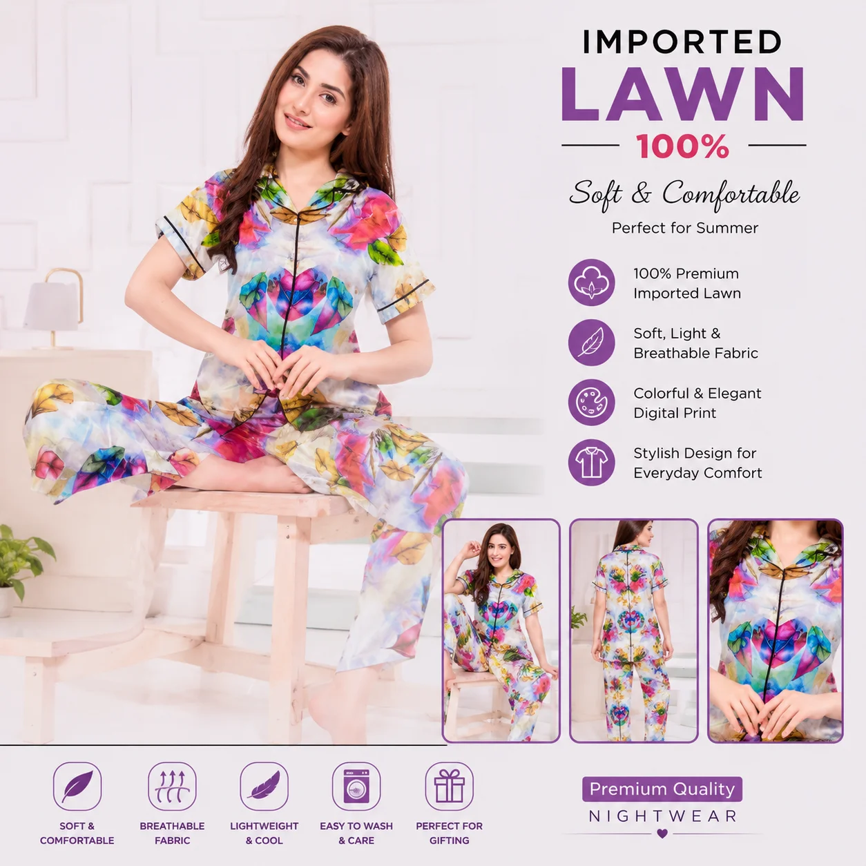 Women's Imported Lawn Night Suit | 2 Piece | Soft & Comfortable Loungewear