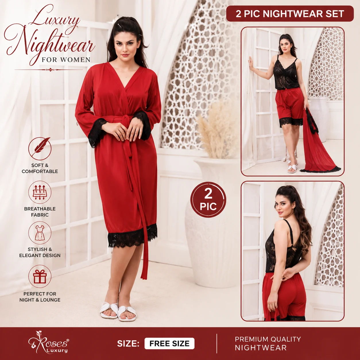 Women's Luxury Nightwear Set | 2 Piece | Free Size | Satin Lace Sleepwear