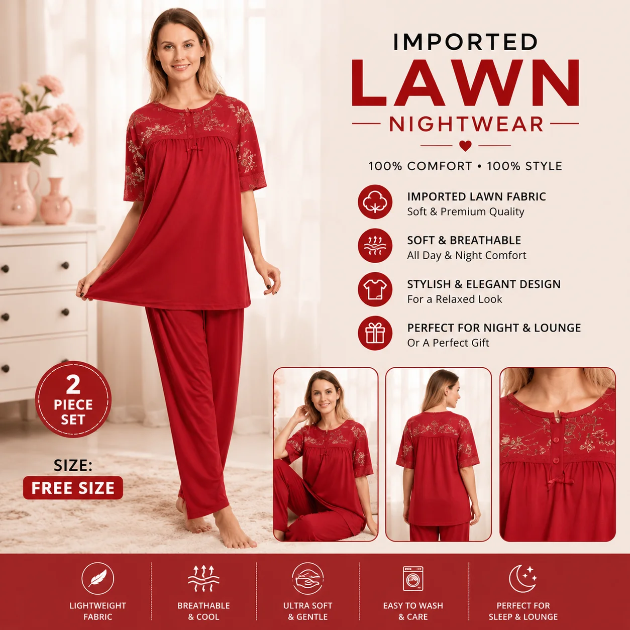 Women's Red Night Suit | 2 Piece Set | Free Size | Soft & Comfortable Sleepwear