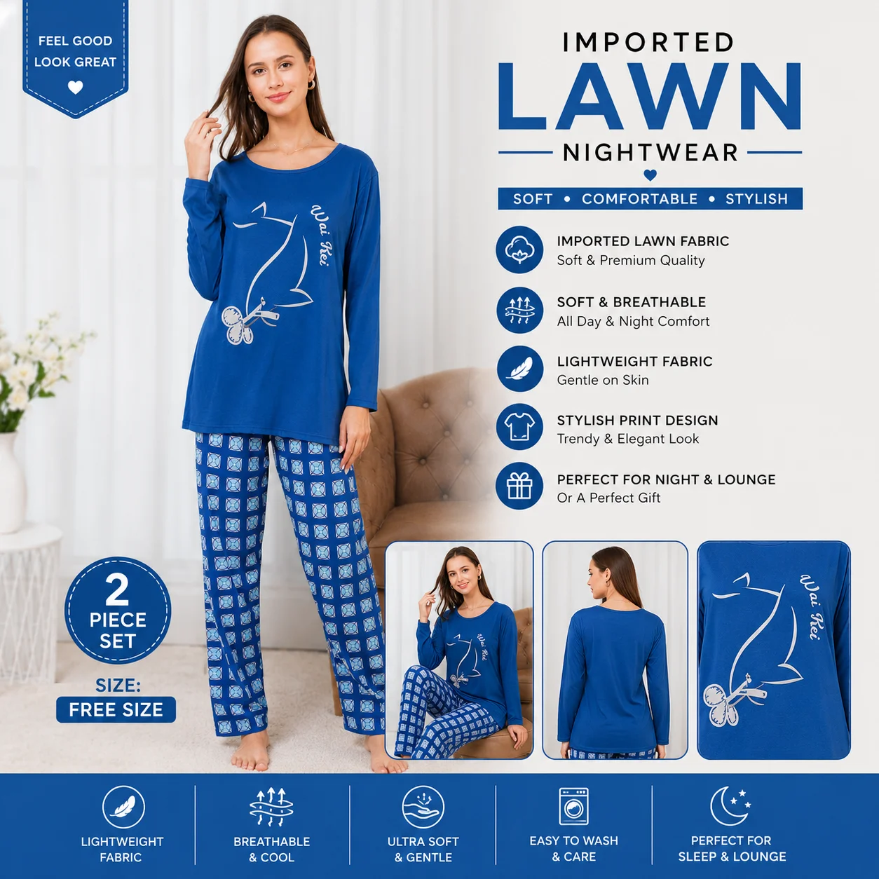 Women's Blue Night Suit | 2 Piece Set | Free Size | Soft & Comfortable Sleepwear