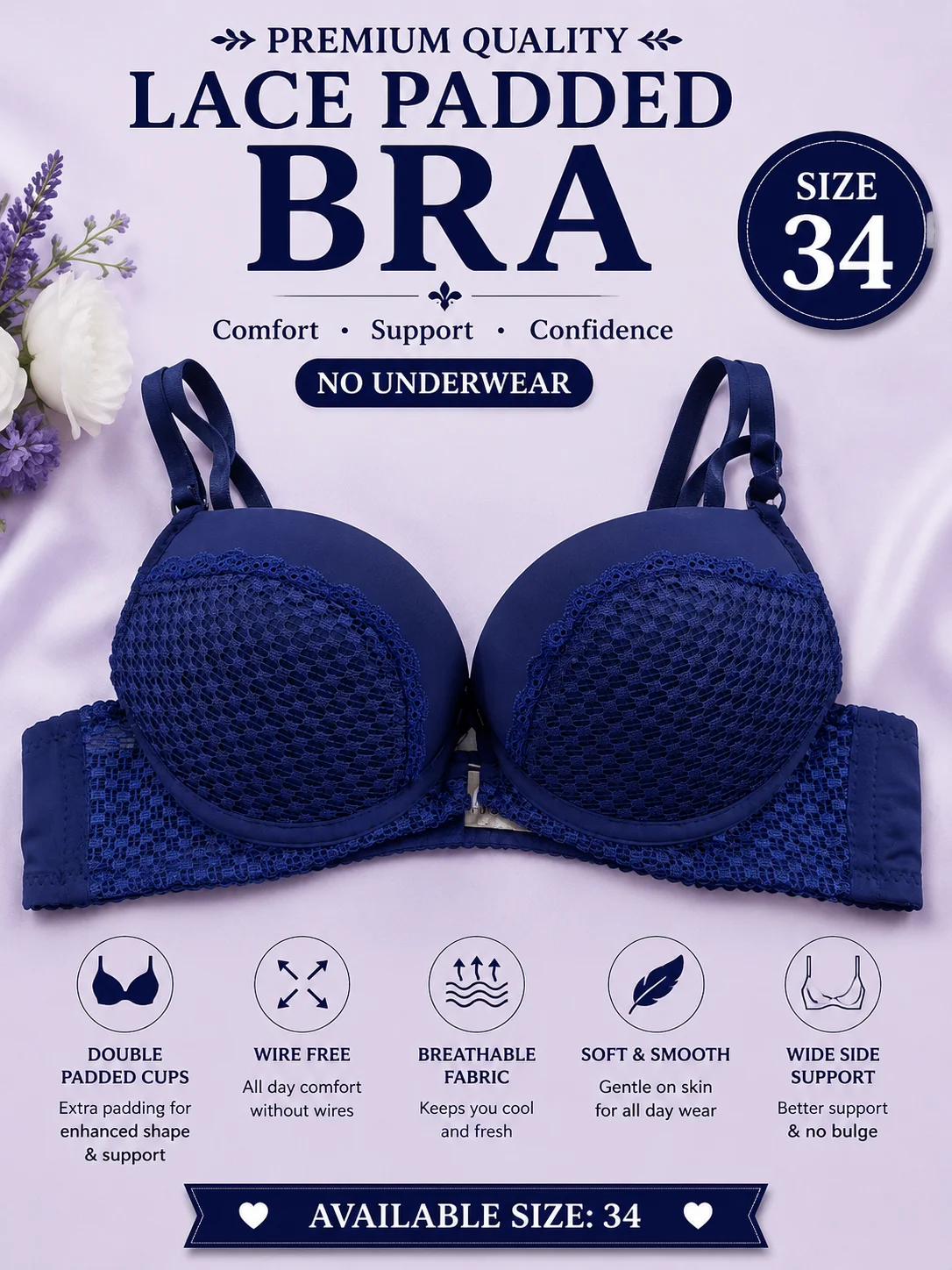 Lace Padded Bra for Women – Everyday Comfort | Size 34