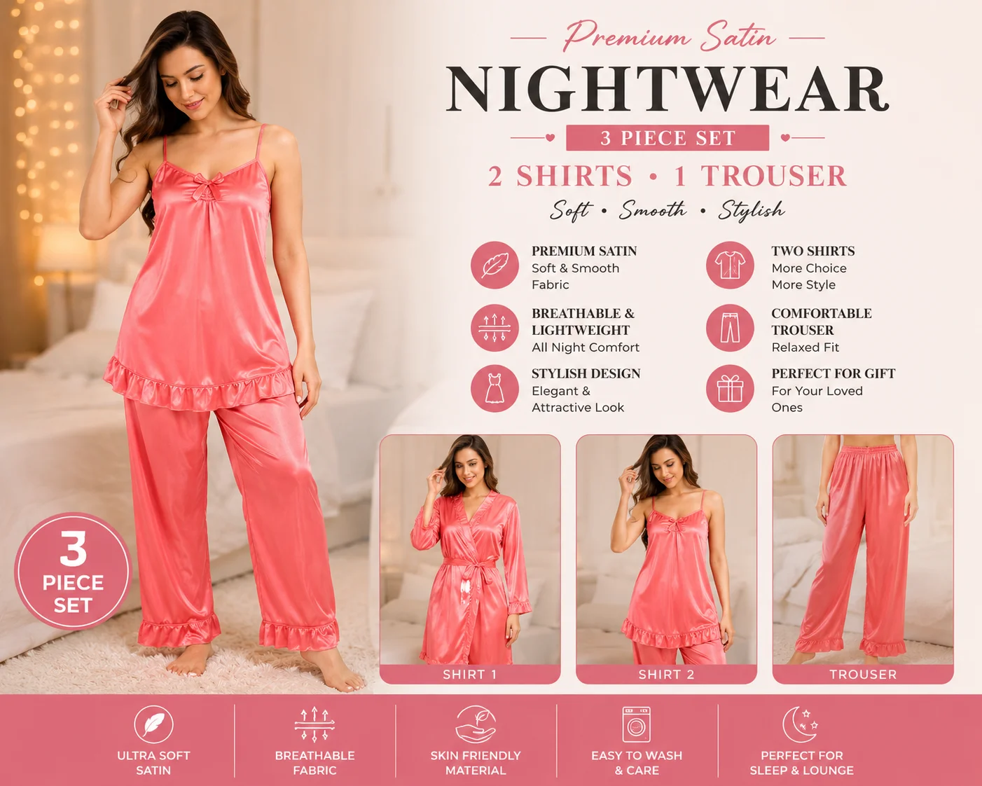 Women's Premium Satin Nightwear Set | 3 Piece Dress | Free Size | 2 Shirts + 1 Trouser