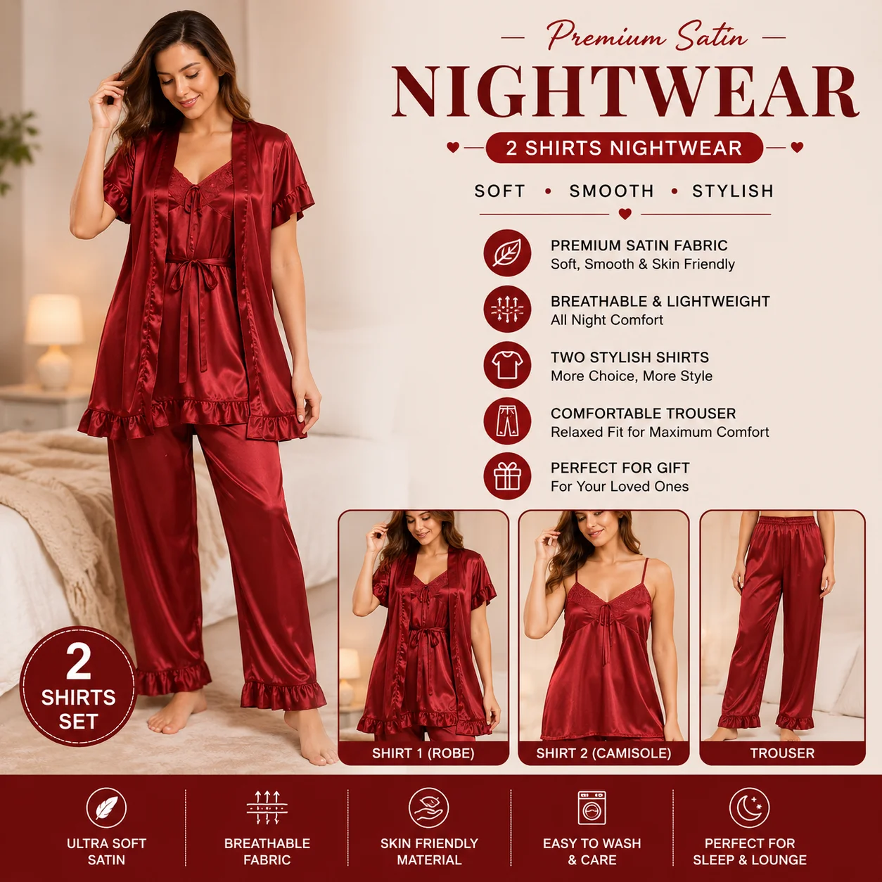 Women's Premium Satin Nightwear Set | 3 Piece Dress | Free Size | 2 Shirts + 1 Trouser
