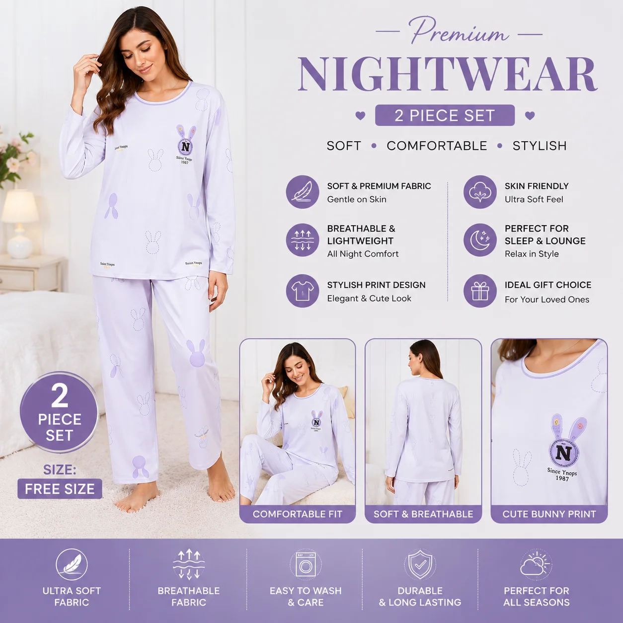 Women's Bunny Print Night Suit | 2 Piece Set | Free Size | Soft Cotton Sleepwear
