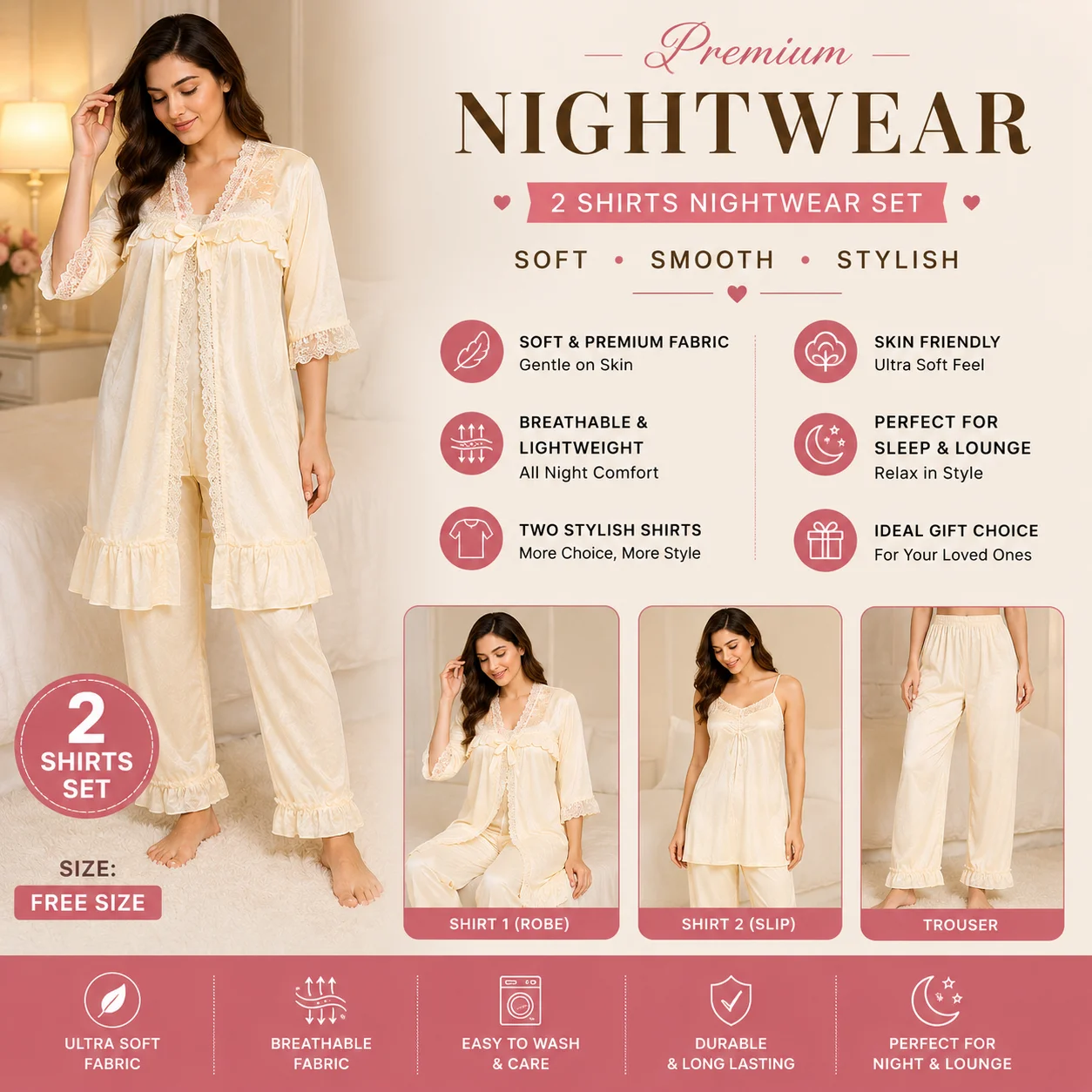 Women's Premium Satin Nightwear Set | 3 Piece Dress | Free Size | 2 Shirts + 1 Trouser