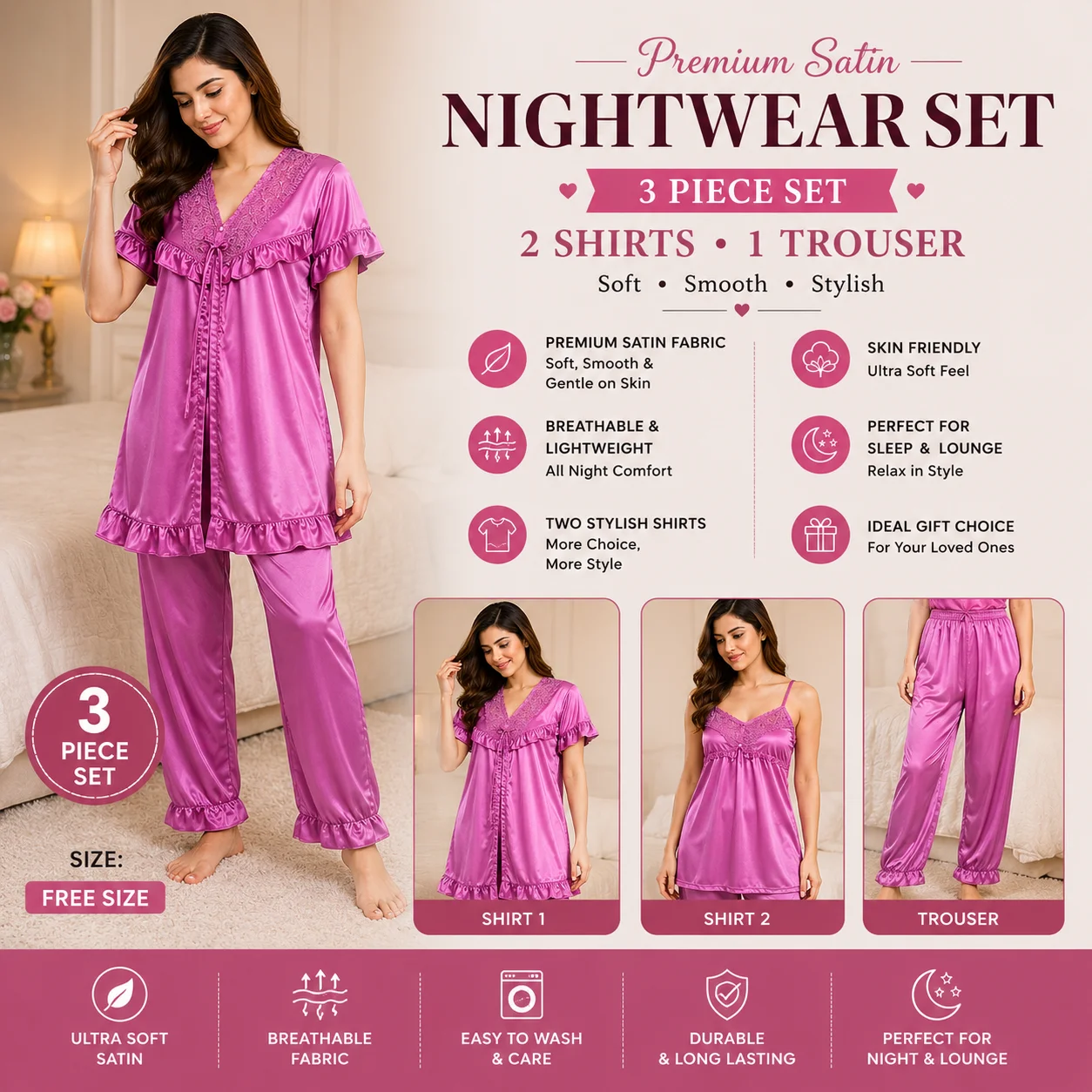 Women's Premium Satin Nightwear Set | 3 Piece Dress | Free Size | 2 Shirts + 1 Trouser