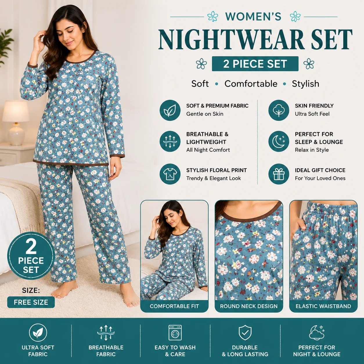 WINTER Floral Print Night Suit | 2 Piece Set | Free Size | Soft Cotton Sleepwear