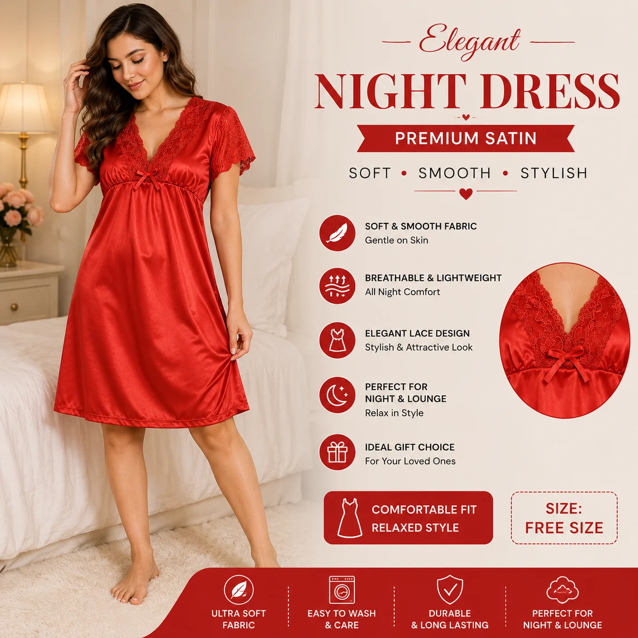 Women's Premium Satin Night Dress – Elegant 1 Piece Sleepwear