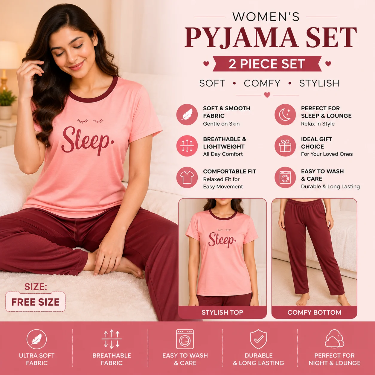 Women's 2 Piece Cotton Pajama Set – Soft Sleepwear & Loungewear (Free Size)