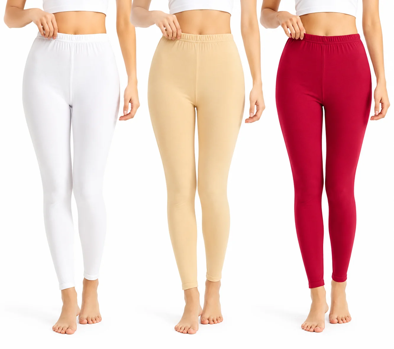 Women's Premium Cotton Stretch Leggings – 3 Colors (White, Skin, Red)