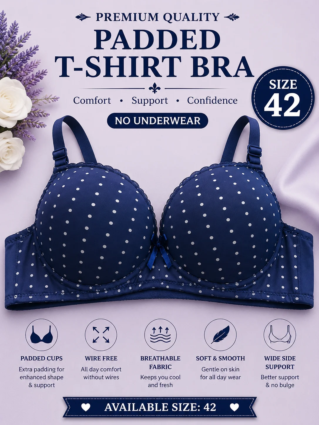 Women's Premium Padded T-Shirt Bra – Soft & Comfortable | Size 42
