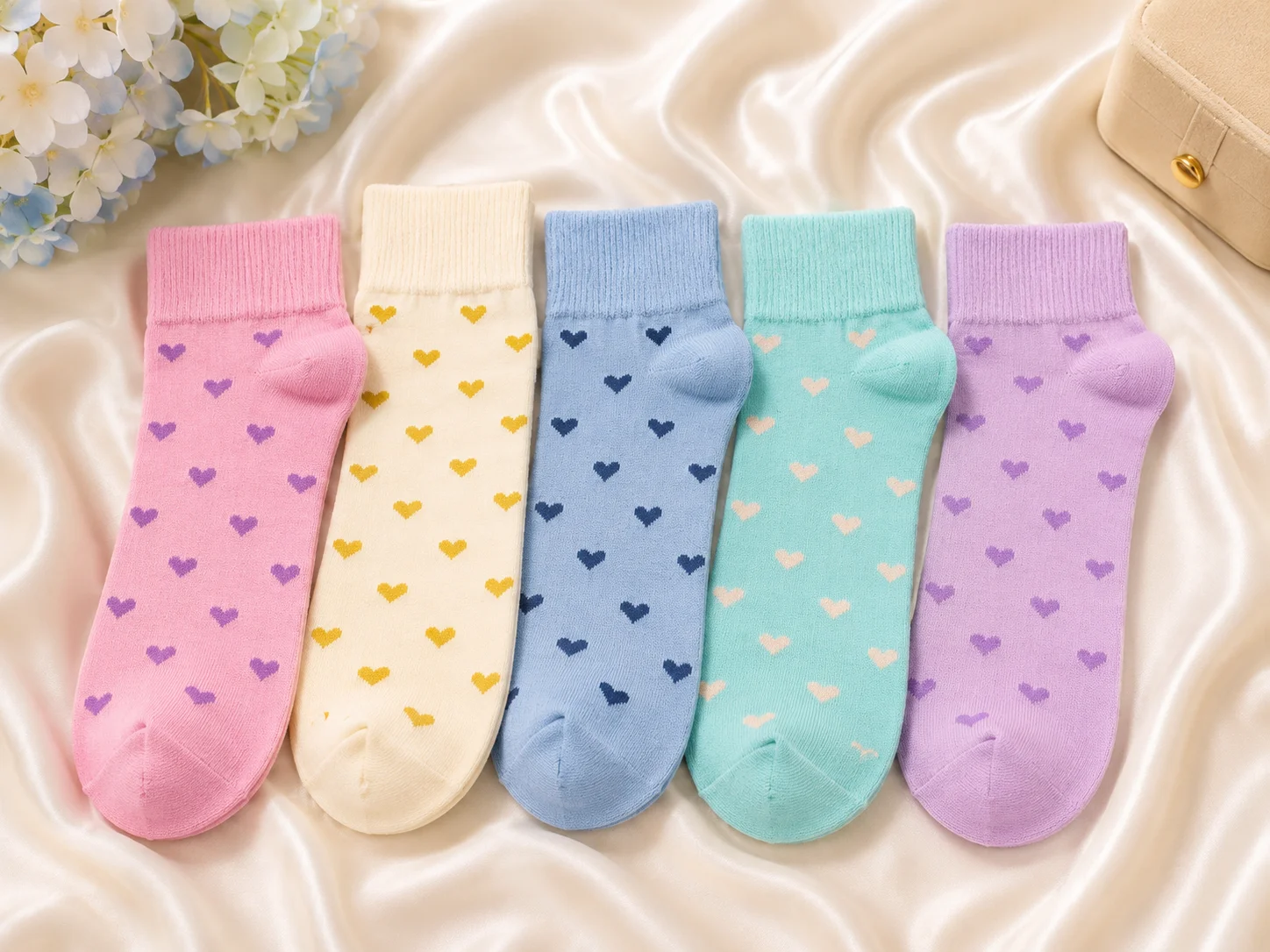 Women's Heart Pattern Ankle Socks – Soft Cotton Casual Ladies Socks | 5 Color Pack