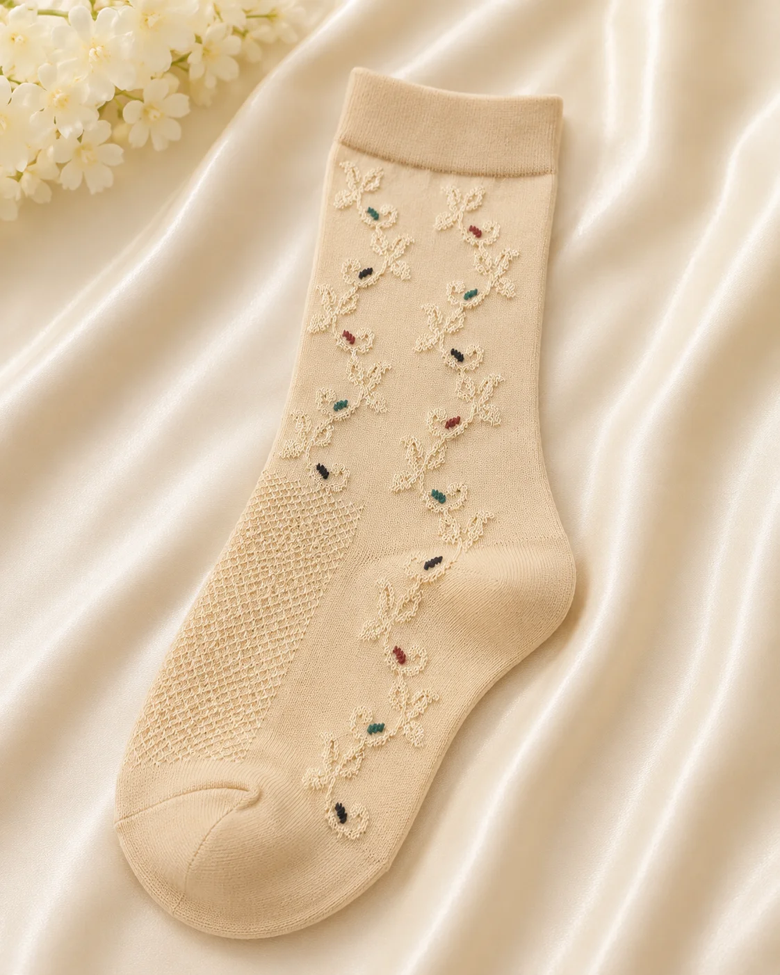 Women's Embroidered Mesh Crew Socks | Elegant Floral Transparent Cotton Socks