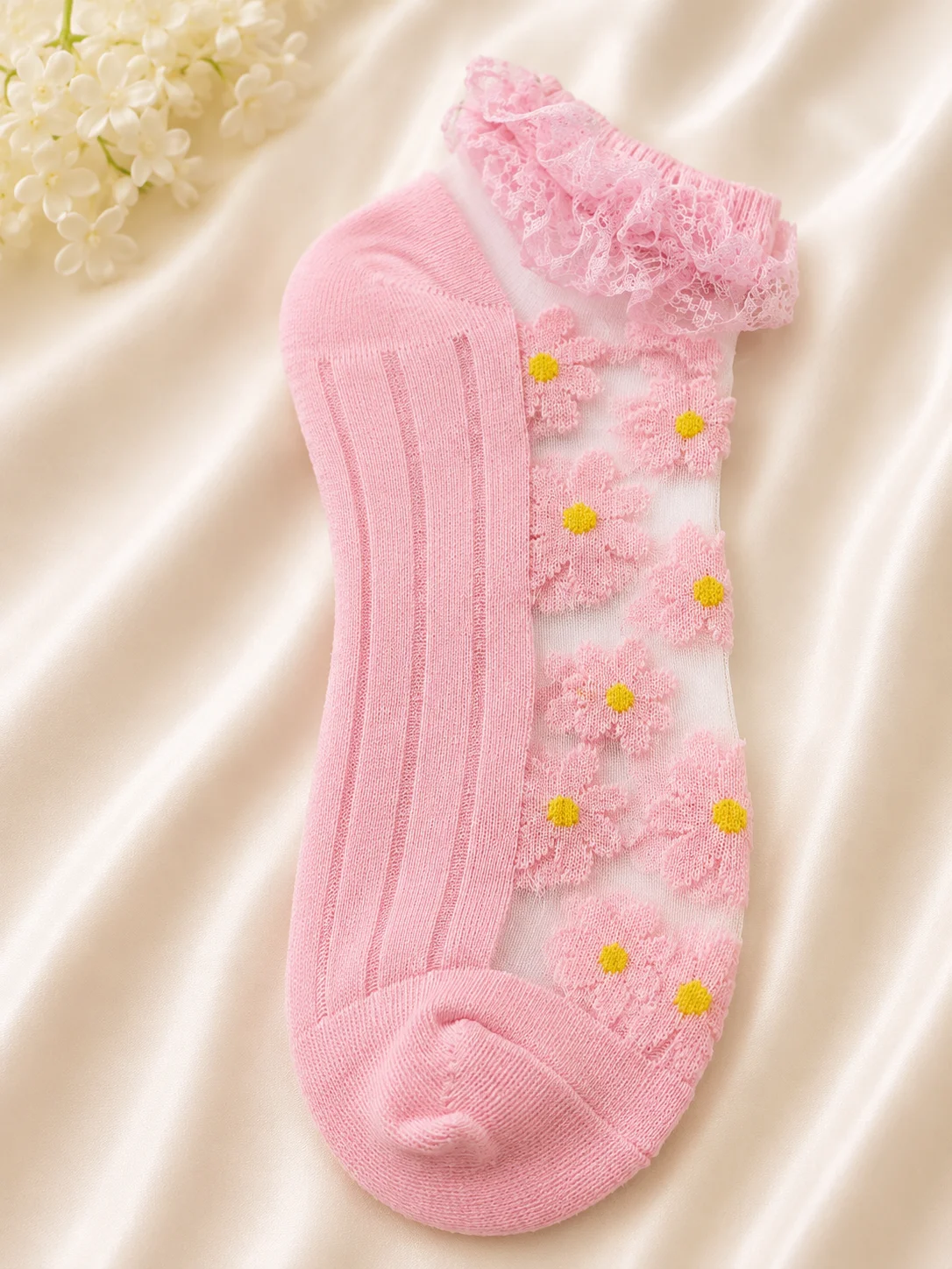2 Pairs Women's 3D Floral Mesh Ankle Socks | Elegant Lace Transparent Socks