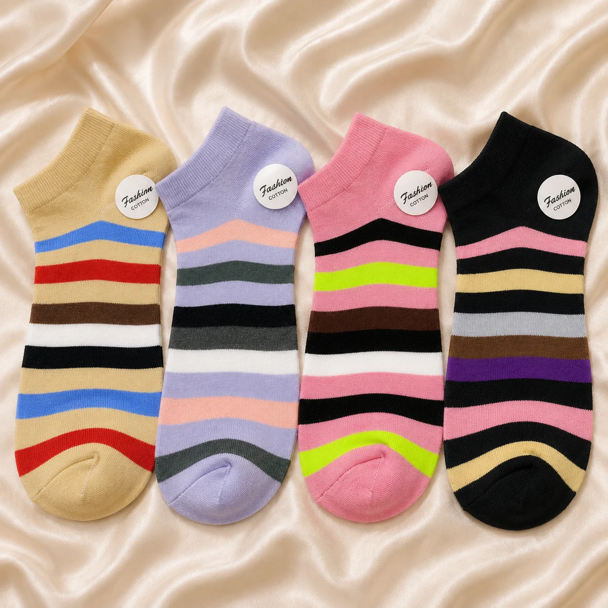 4 Pair Women's Soft Cotton Ankle Socks | Multicolor Striped Casual Socks