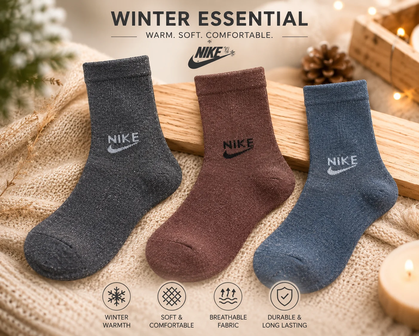 Nike Style Men's Winter Socks – 3 Color Pack | Warm, Soft & Comfortable
