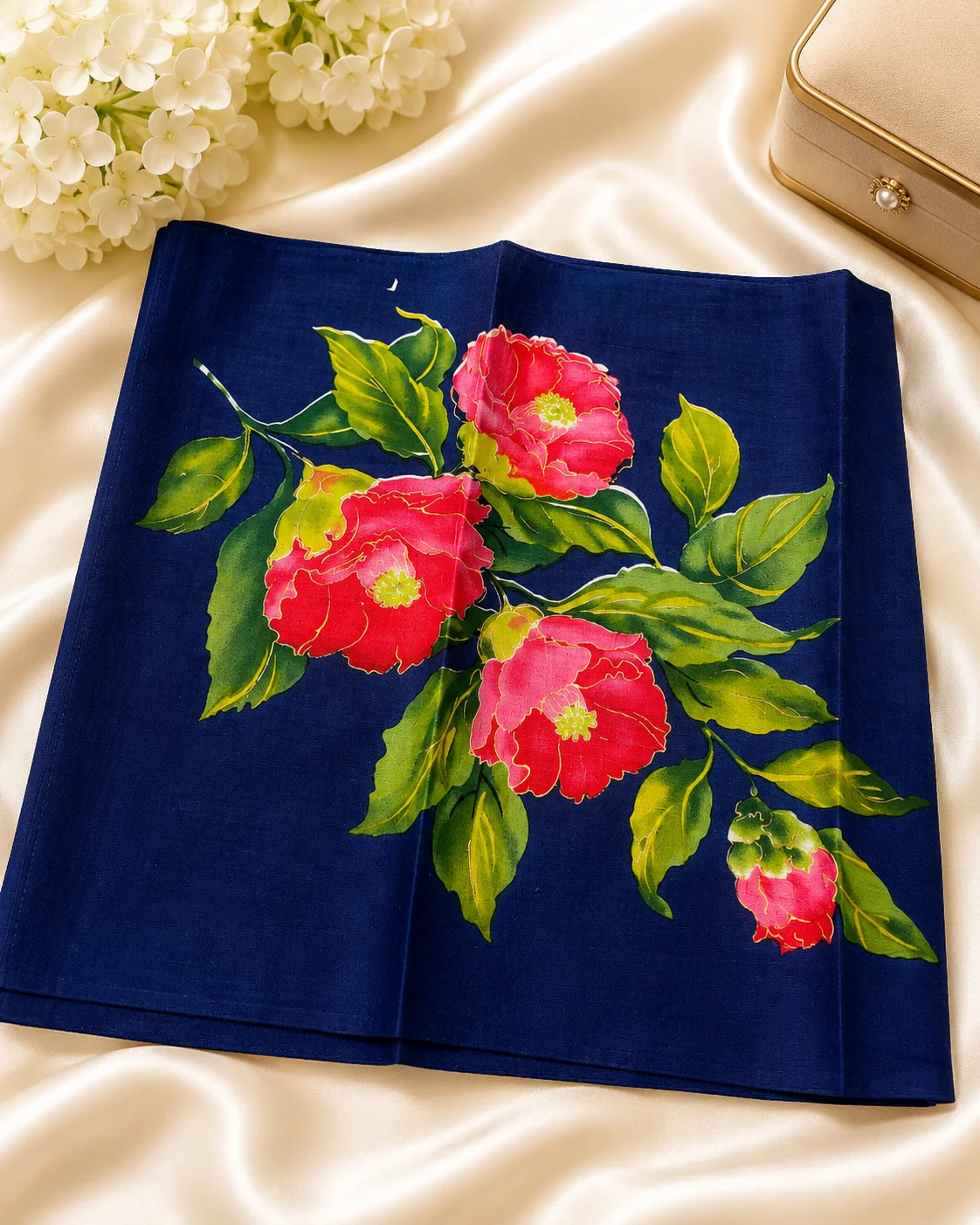 Premium Ladies Floral Cotton Handkerchief – Navy Blue