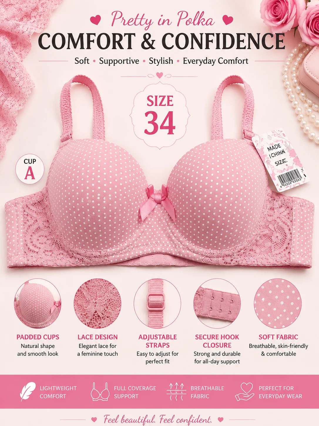 Women's Polka Dot Padded Bra | Soft Lace Comfort | Size 32,34,36,38