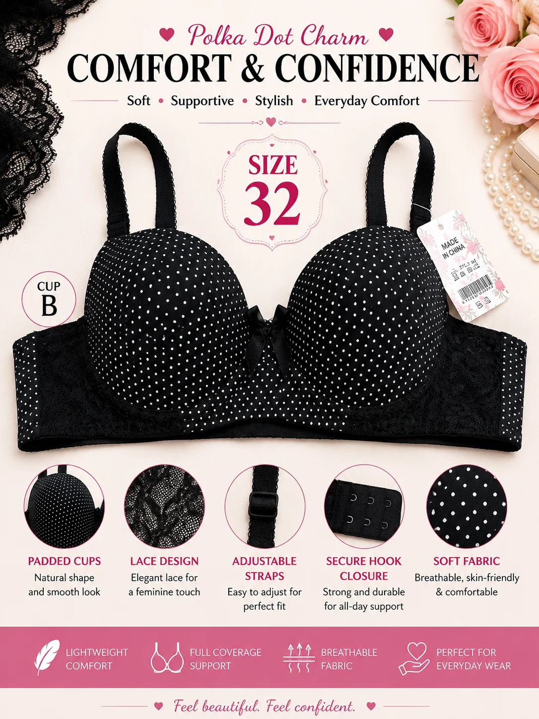 Women's Polka Dot Padded Bra | Soft Lace Comfort | Size 32,34,36,38