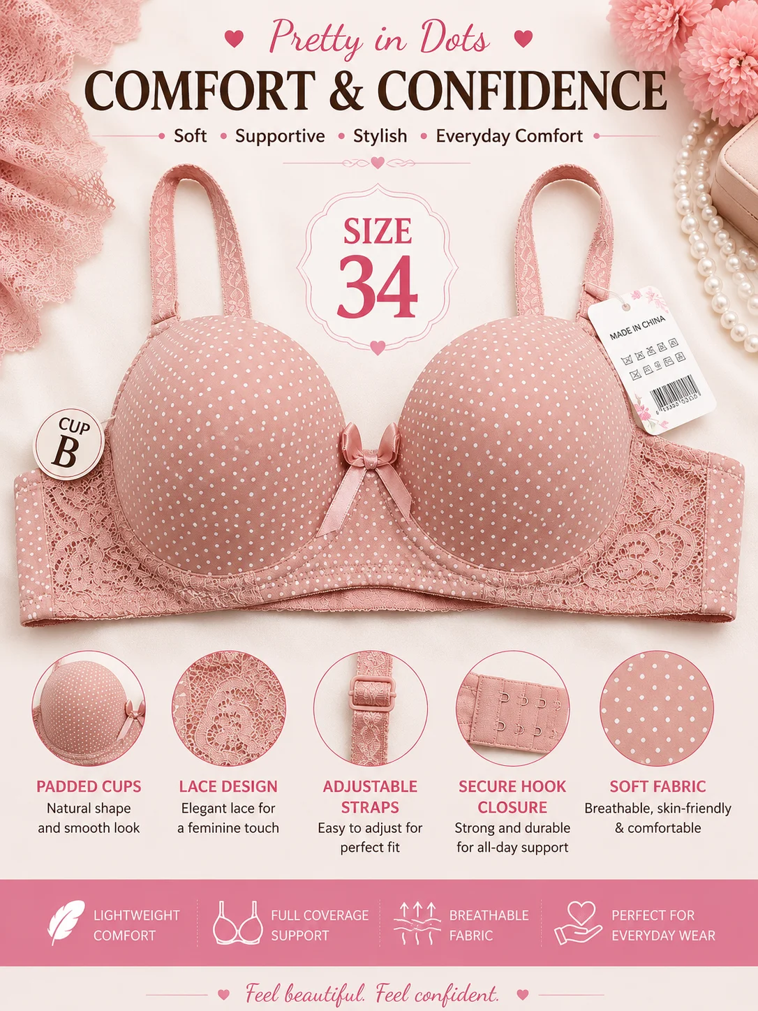 Women's Polka Dot Padded Bra | Soft Lace Comfort | Size 32,34,36,38