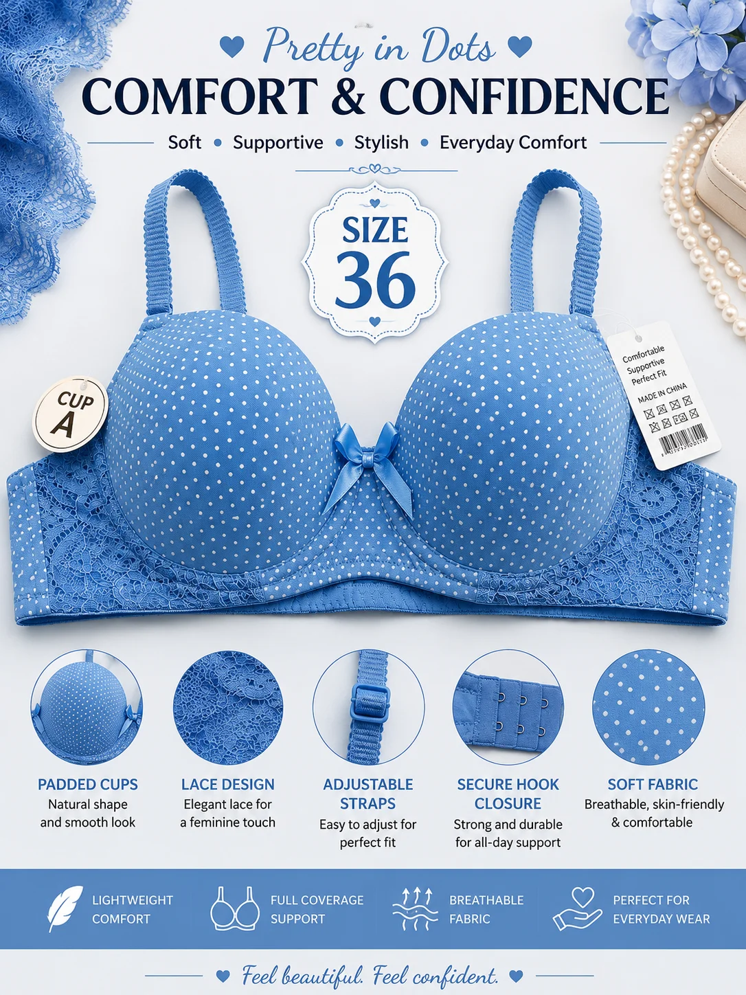 Women's Polka Dot Padded Bra | Soft Lace Comfort | Size 32,34,36,38